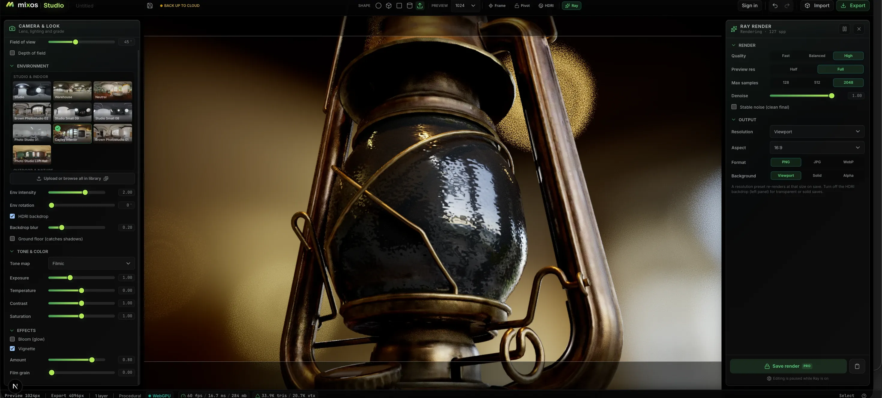 A path-traced Ray preview of a model rendered in the browser in Mixos