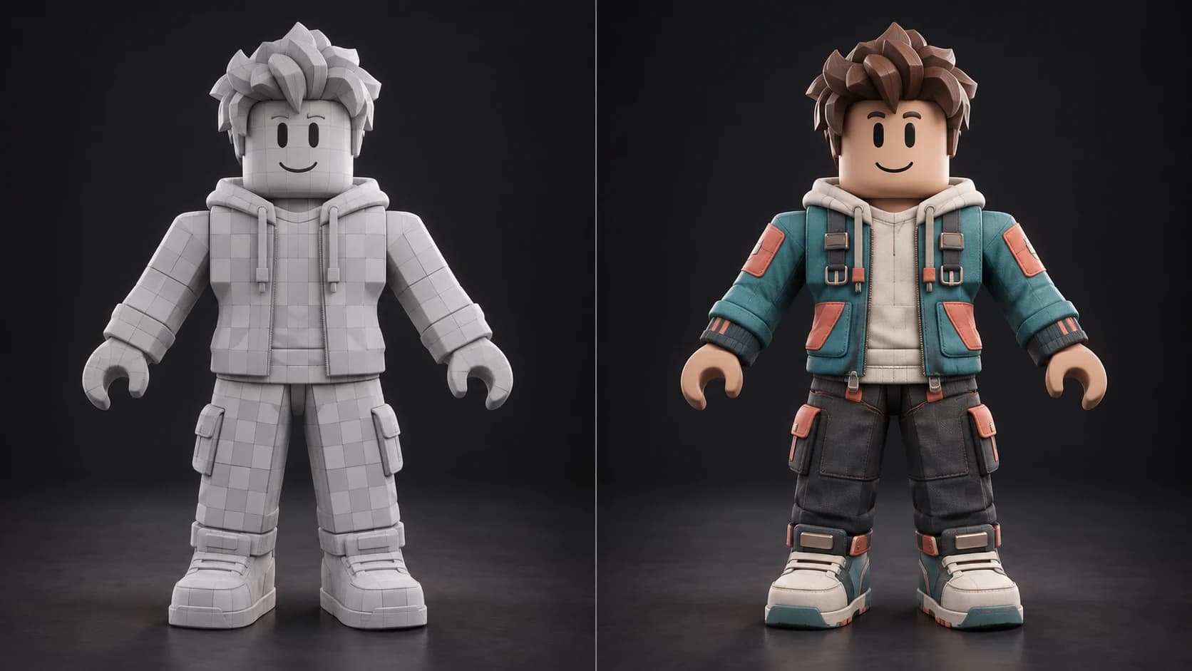 The same original blocky avatar shown as an untextured gray model and with a teal, coral and charcoal outfit