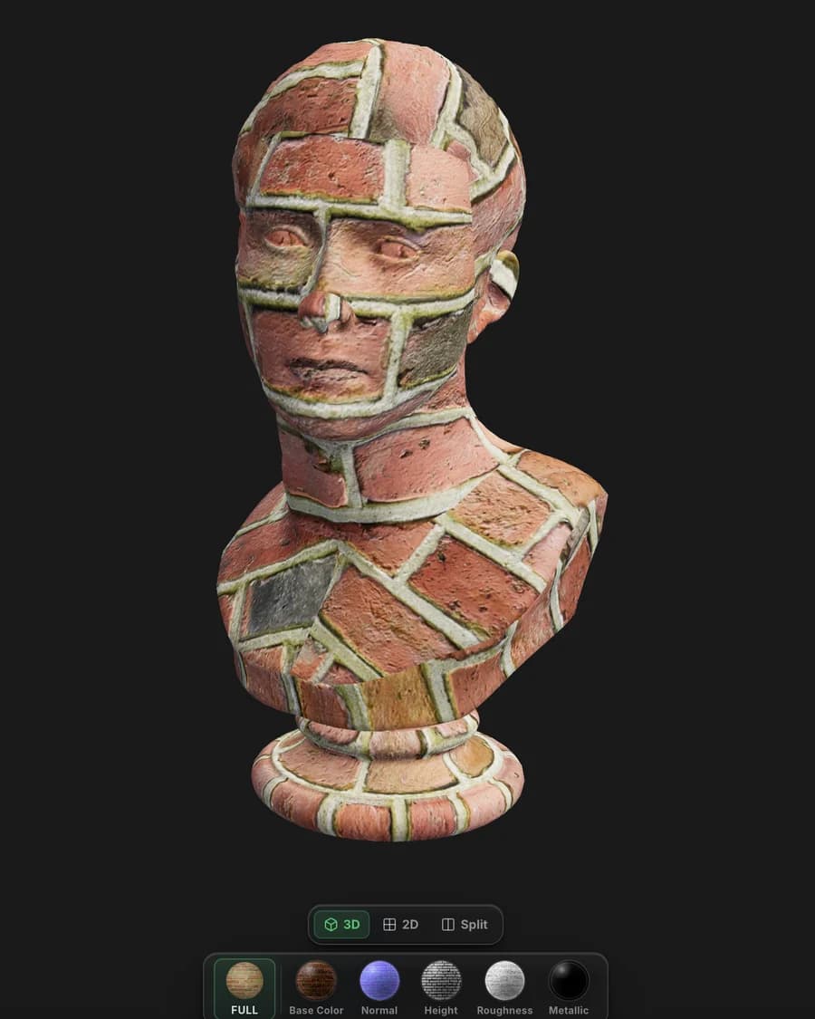 A marble bust in Mixos Paint wearing a layered brick material, the brick courses running unbroken across its face, shoulders and plinth, with the layer stack showing the material above the mesh's own base material.