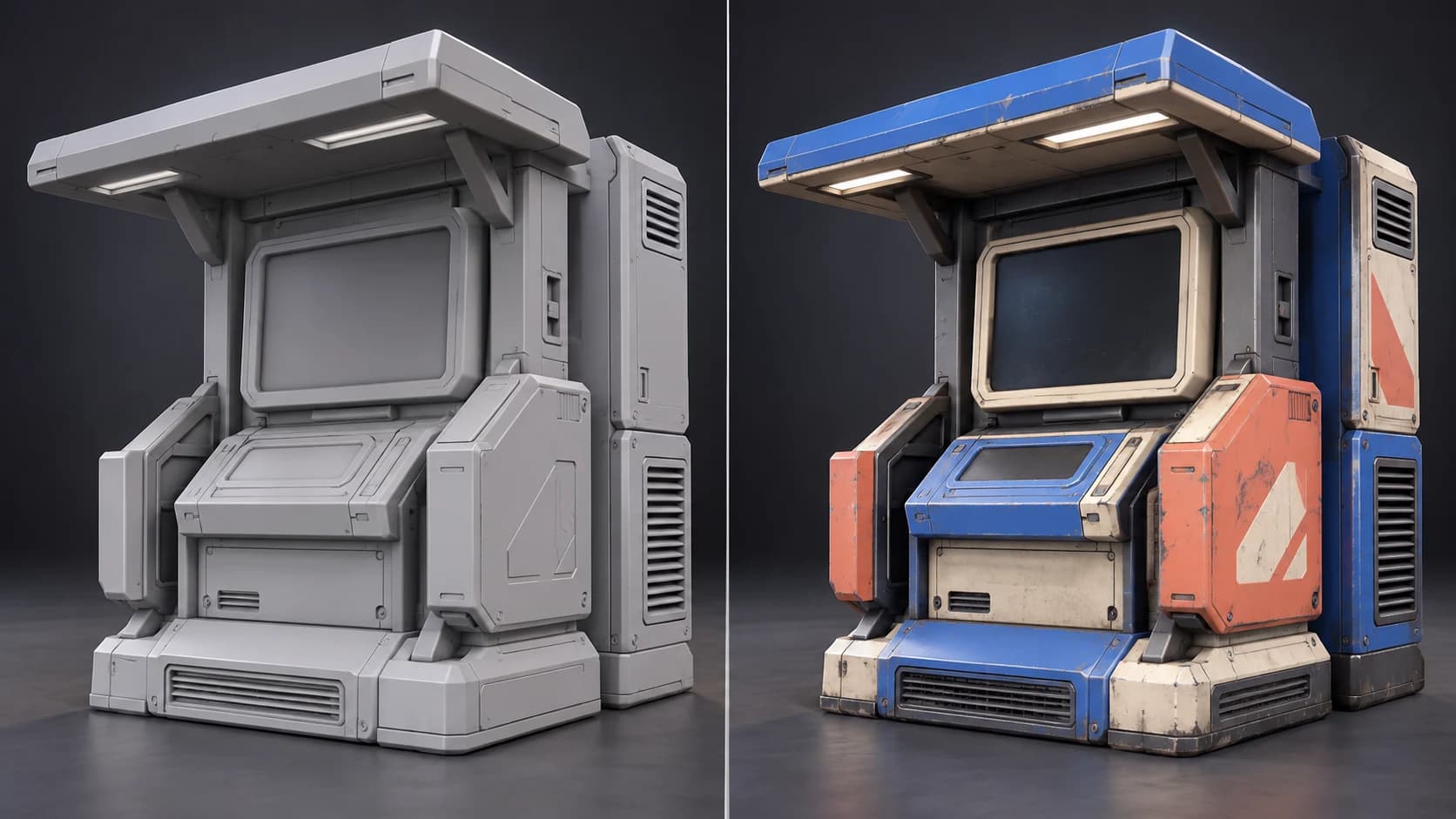The same original futuristic utility kiosk shown as an untextured gray prop and with cobalt, coral, cream and dark metal surfaces