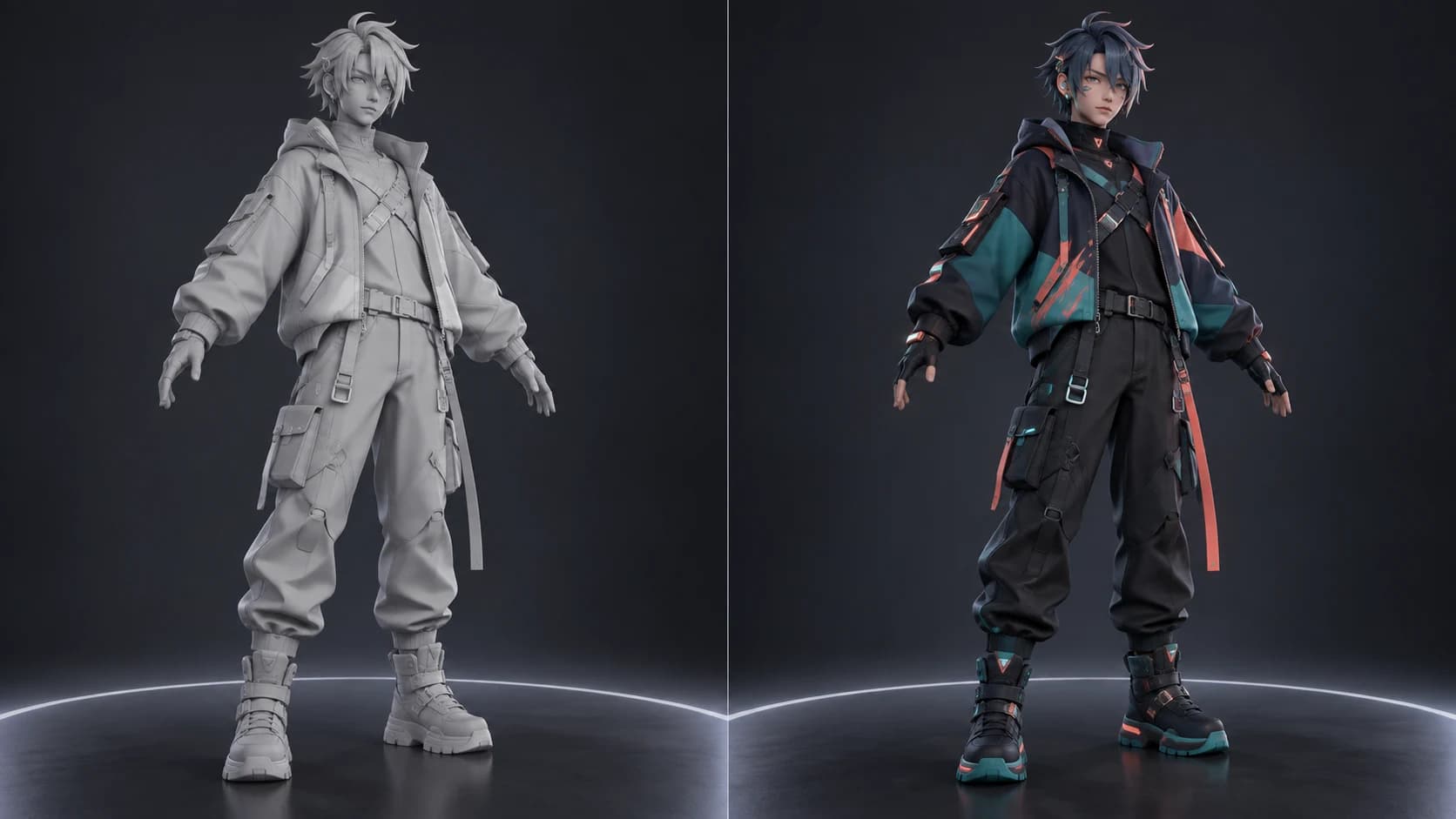 The same original social VR avatar shown as an untextured gray model and with a navy, teal and coral cyber-streetwear texture design