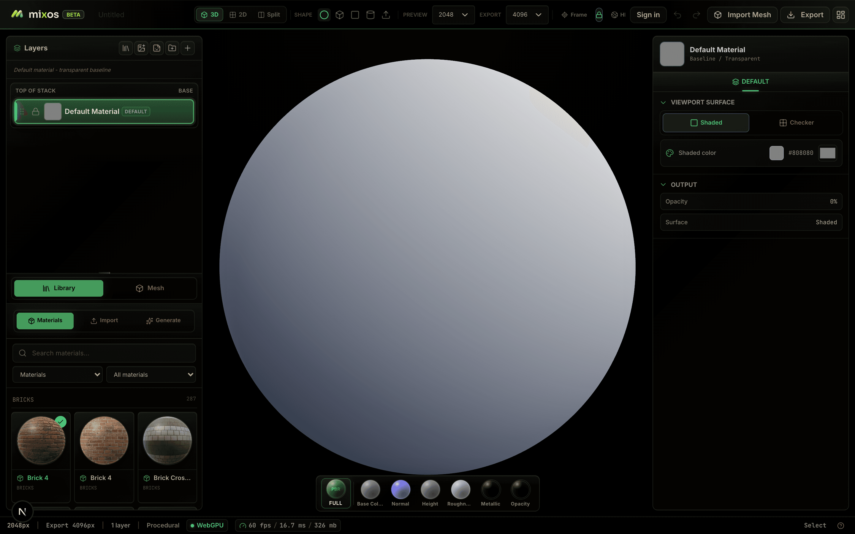 The Mixos editor on first load: a lit sphere in the viewport, the Layers panel on the left, Properties on the right