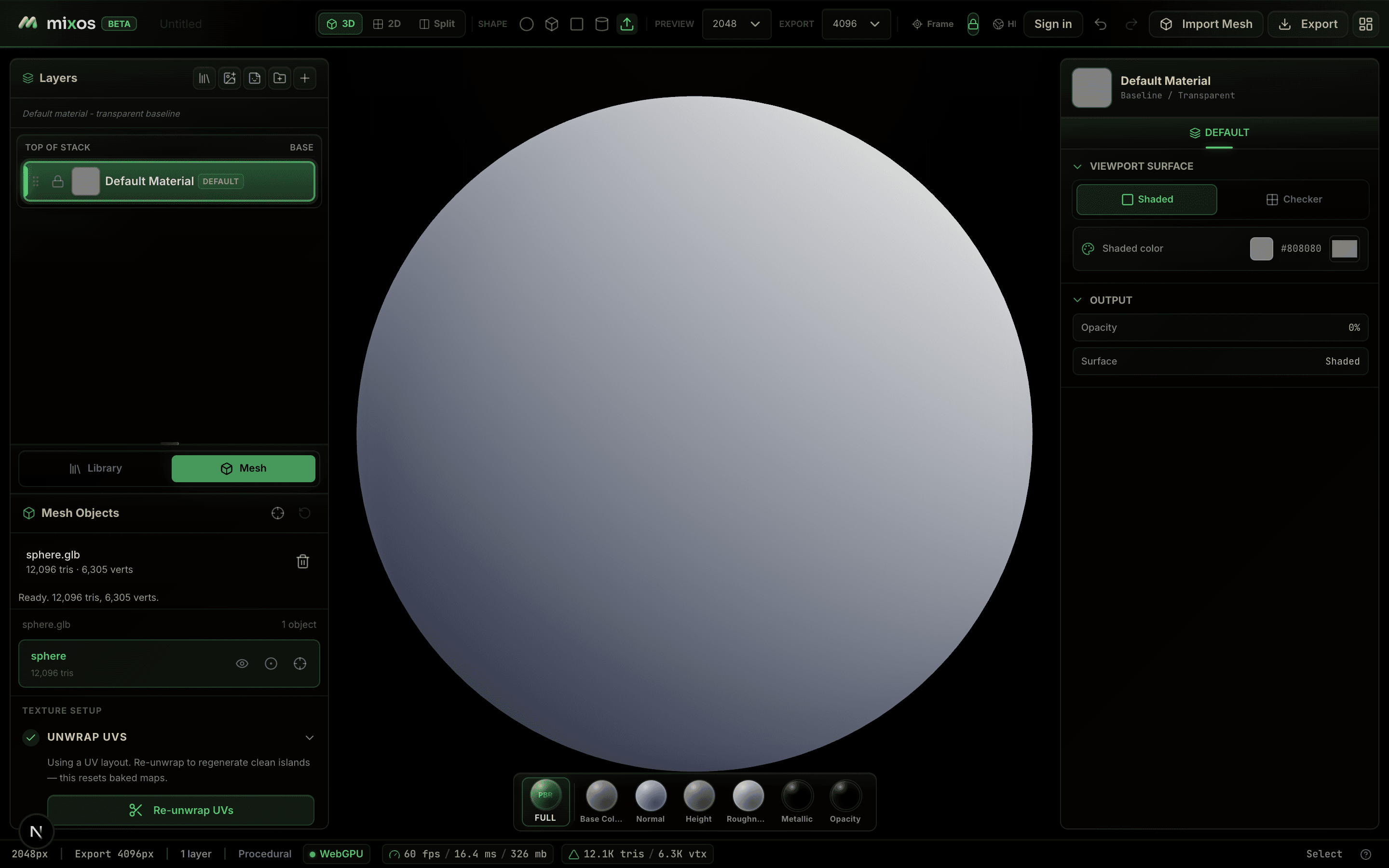 The Unwrap UVs step open in the Texture Setup panel, with controls to generate a clean UV layout