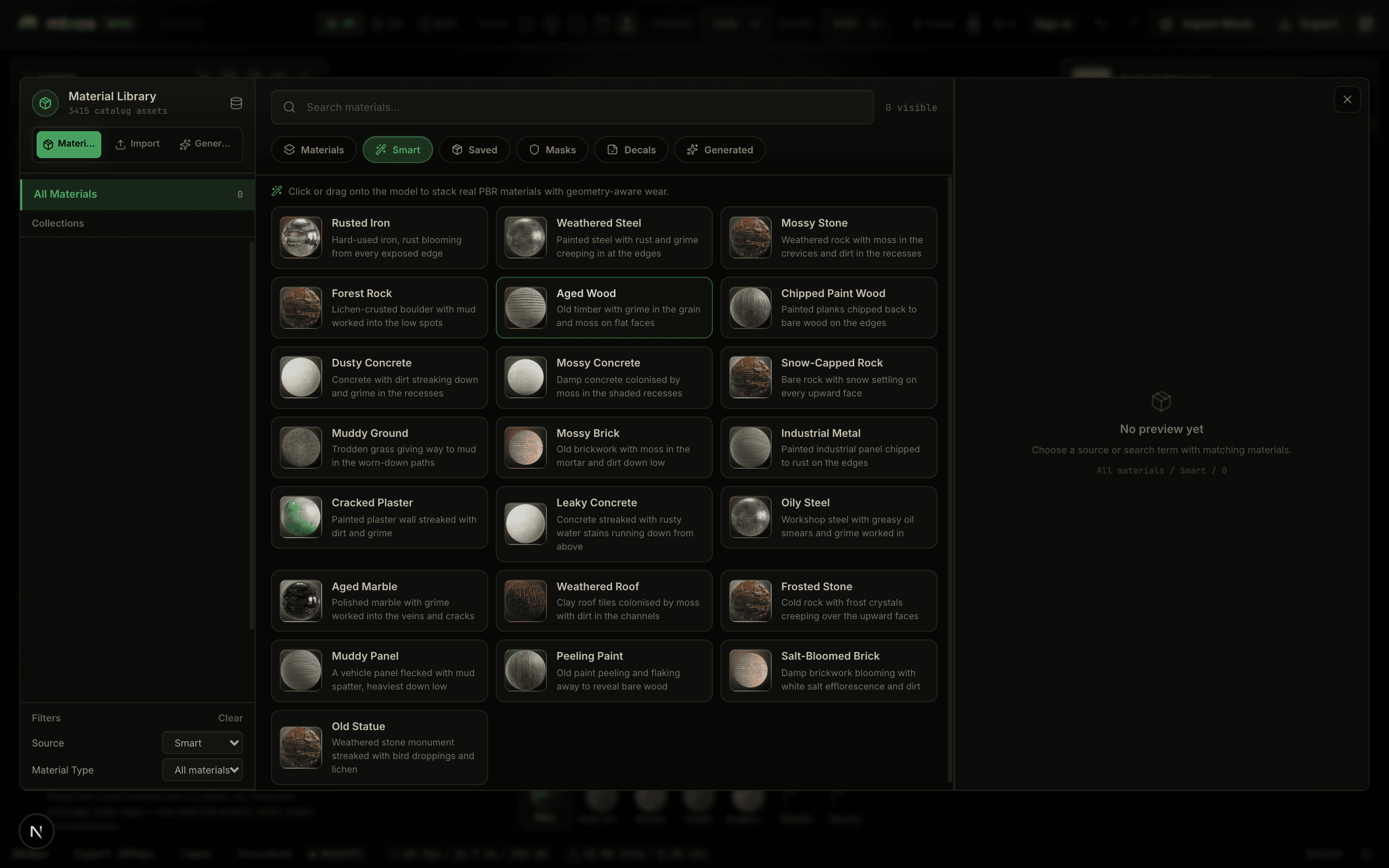 The Mixos material library showing a grid of smart-material preview spheres: rusted iron, weathered steel, mossy stone, aged wood and others
