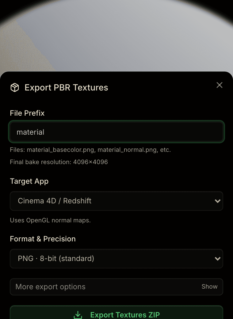 The Export PBR Textures dialog with a target-application picker, format and precision options, and an Export Textures ZIP button