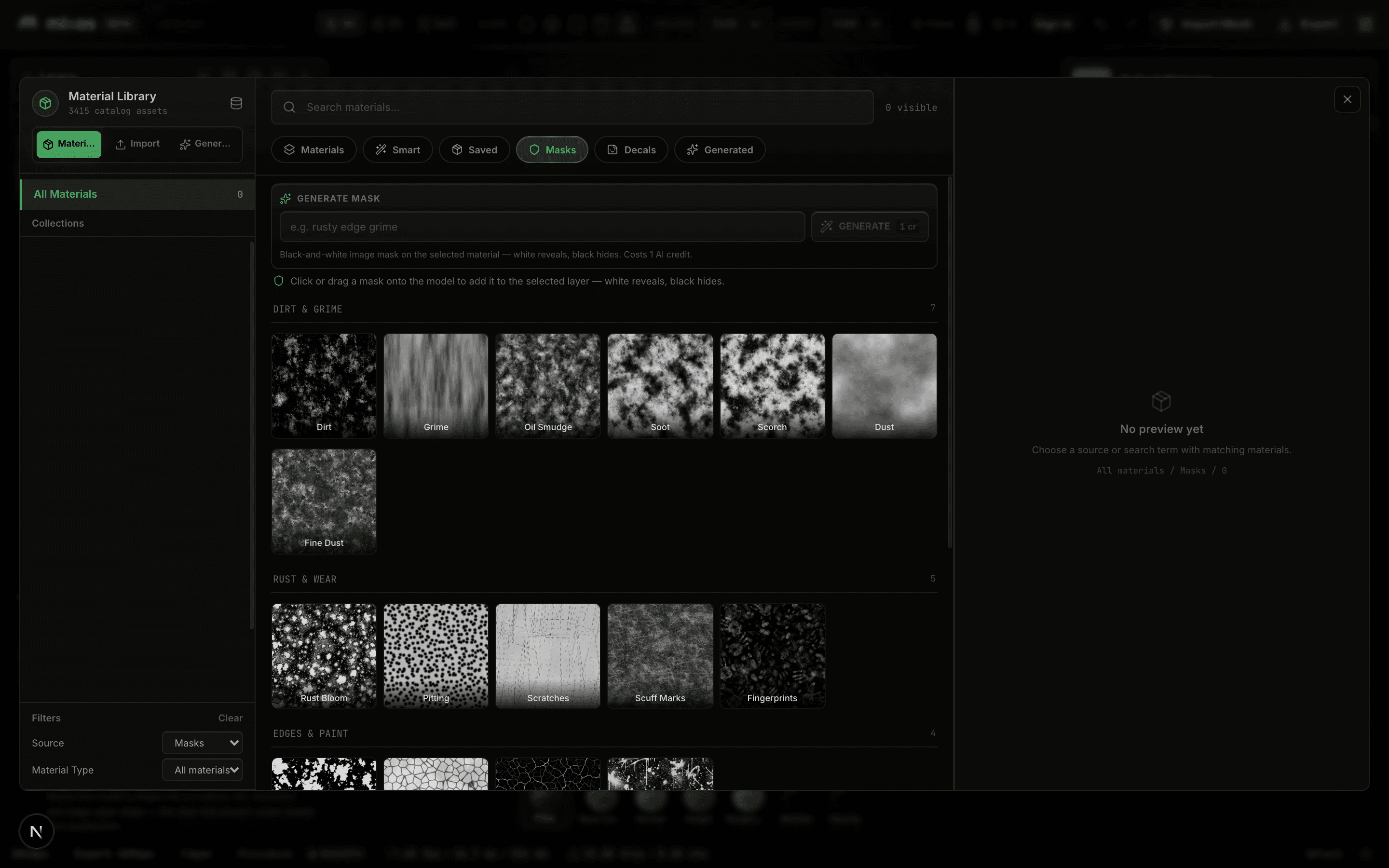 The mask library showing procedural masks grouped by Dirt & Grime, Rust & Wear, and Edges & Paint, plus a Generate Mask prompt