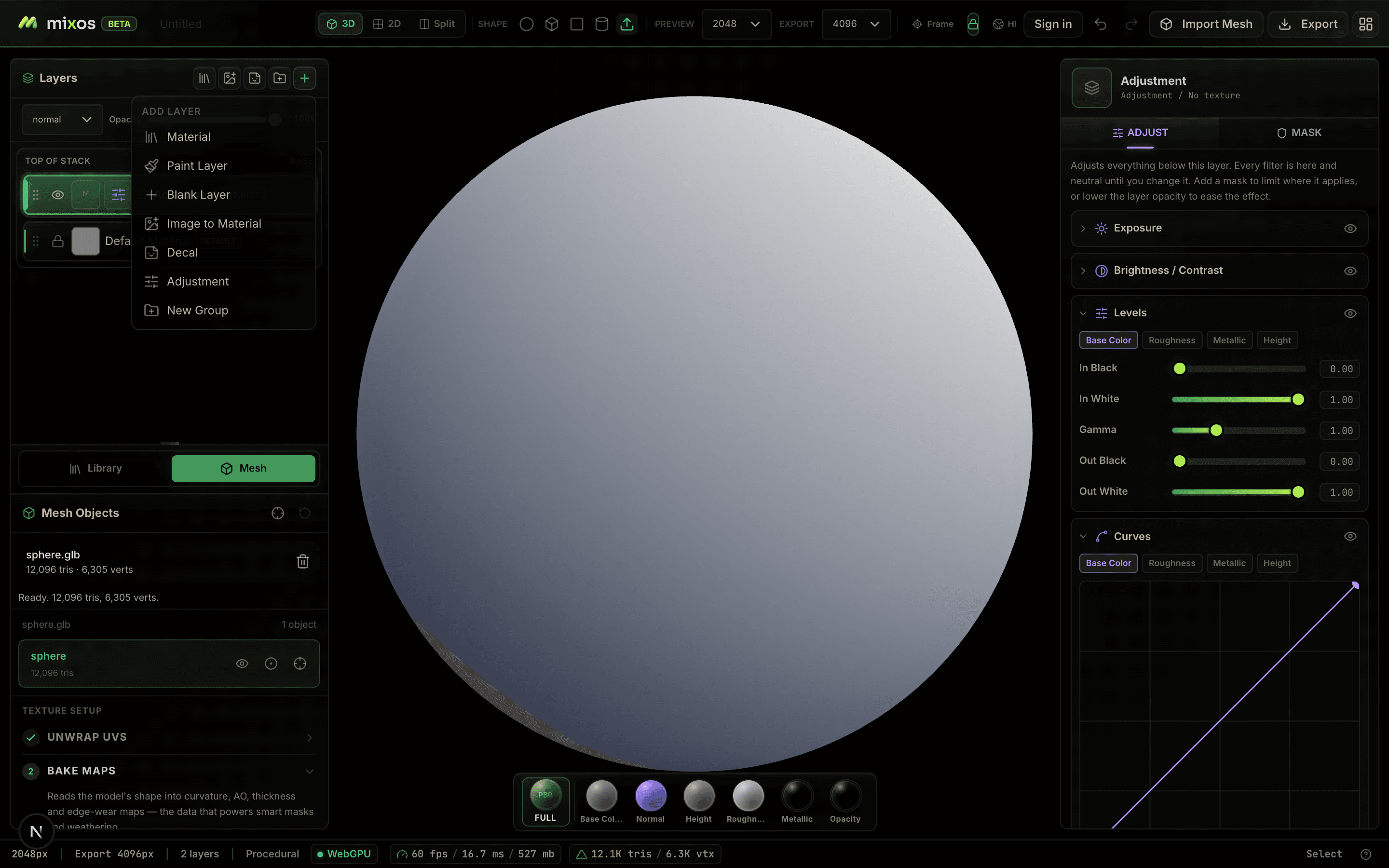 The Mixos add-layer menu showing Material, Paint Layer, Blank Layer, Image to Material, Decal, Adjustment and New Group, with the adjustment filters panel on the right