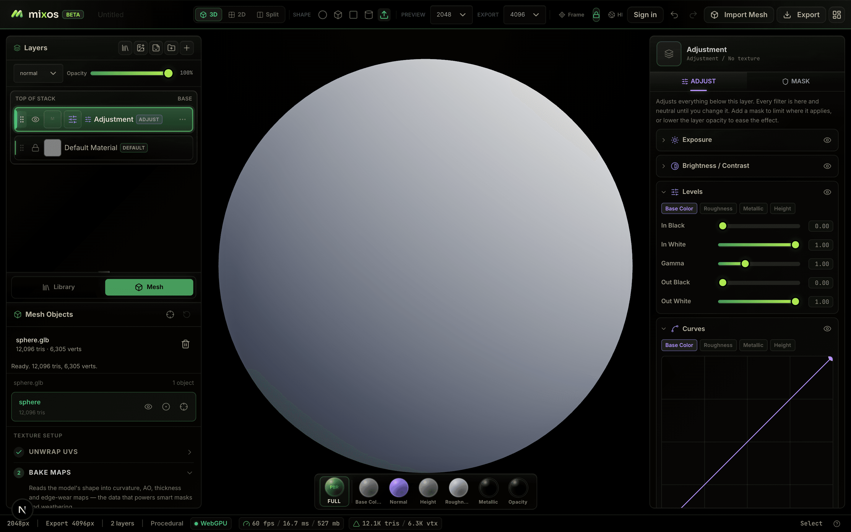 An adjustment layer's filter panel in Mixos: Exposure, Brightness/Contrast, Levels with per-channel tabs, and a Curves graph
