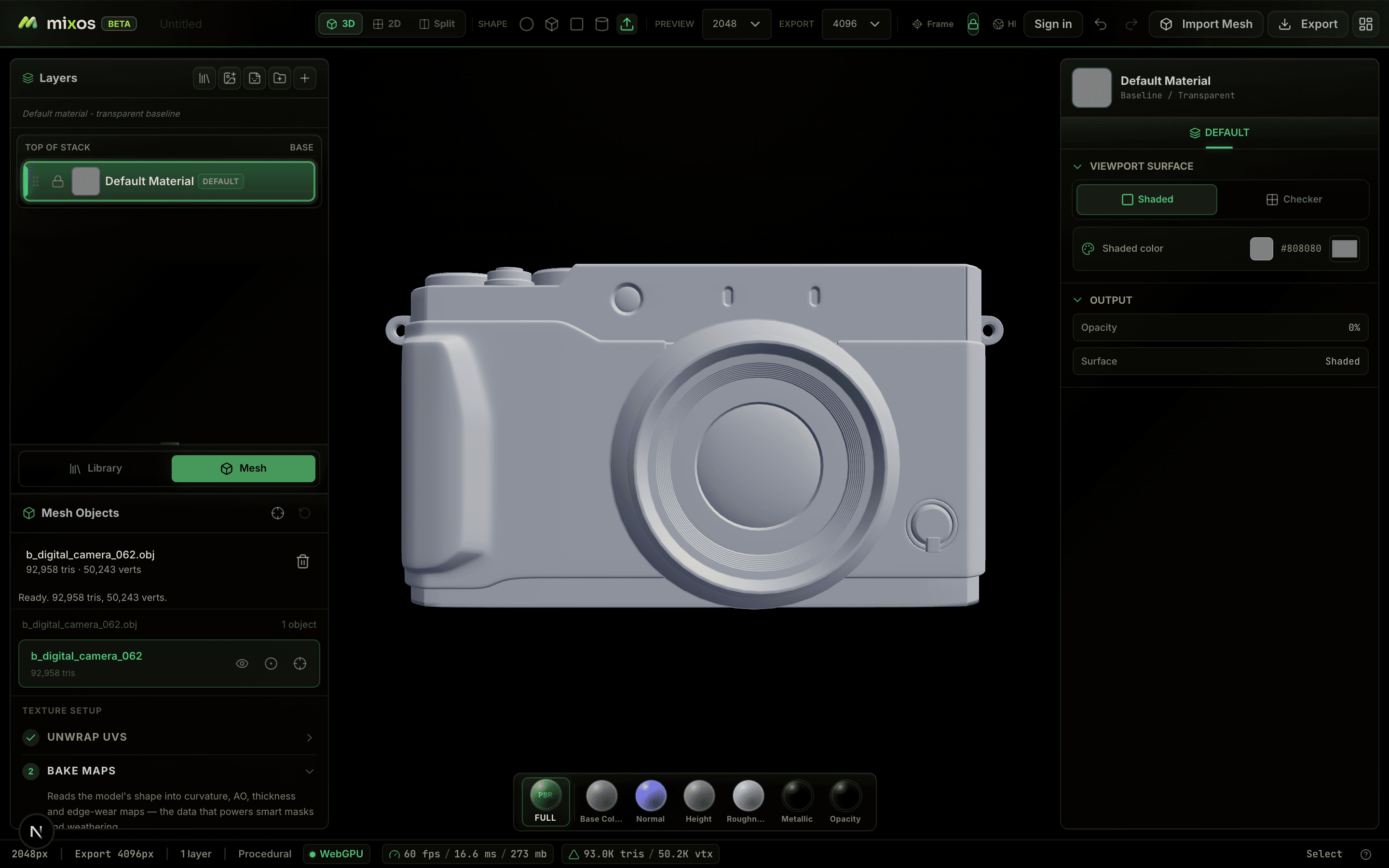 A digital camera model imported into Mixos: the Mesh panel shows the file name with triangle and vertex counts, and the Texture Setup checklist appears