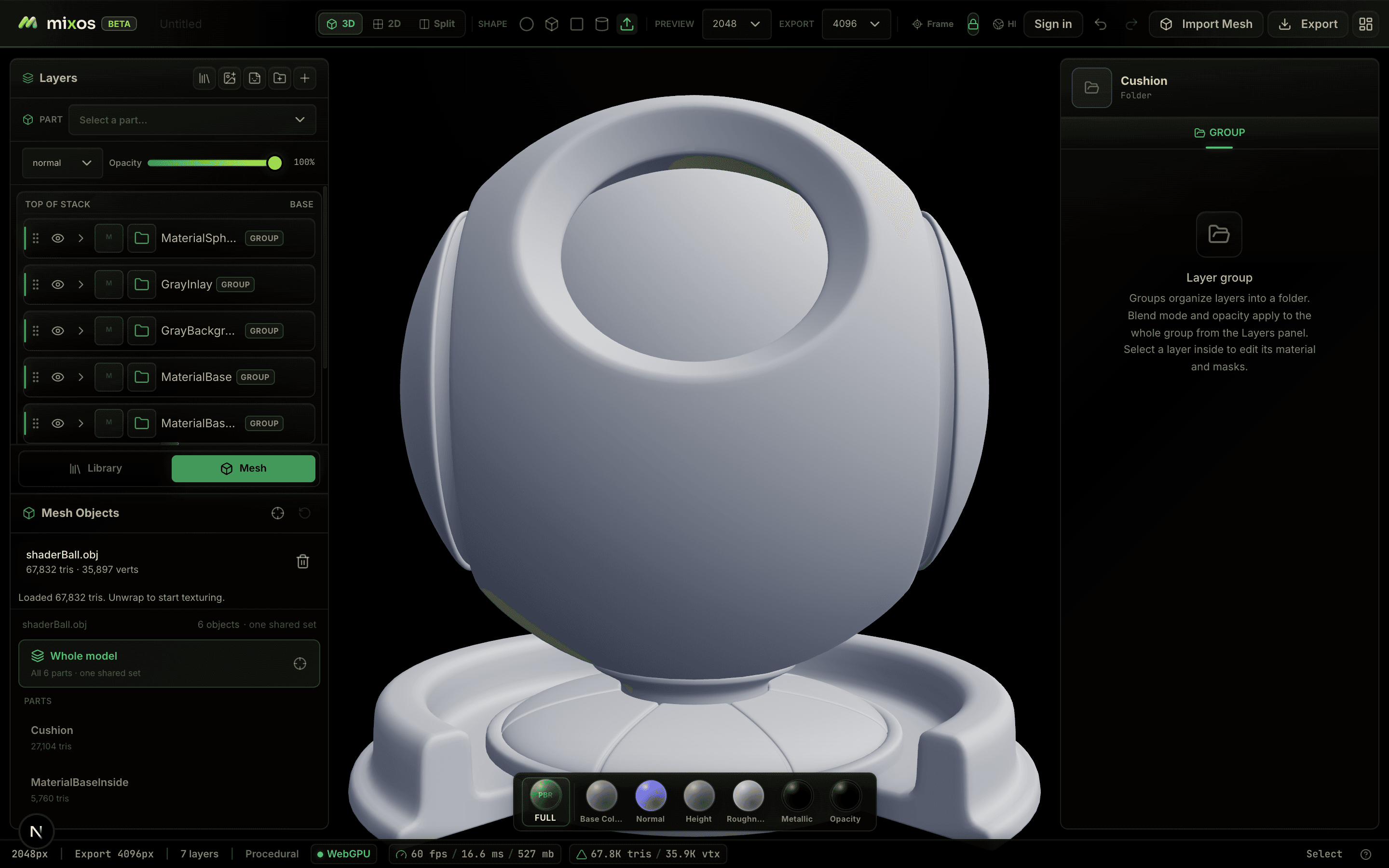The Mixos workspace with a model loaded: Layers and the Mesh/Library dock on the left, the viewport in the middle, Properties on the right