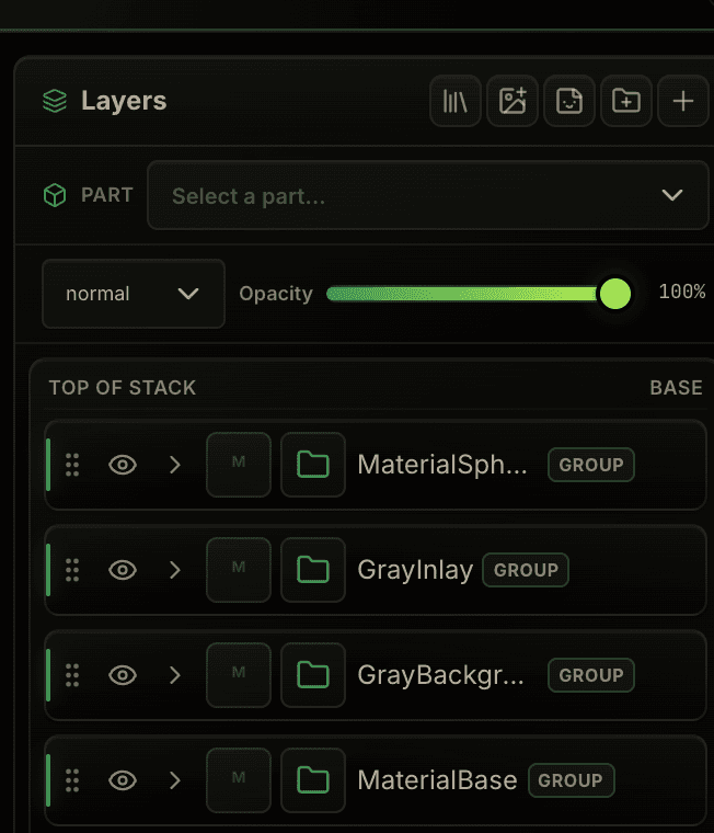 The Mixos layer stack showing several grouped material layers with blend-mode and opacity controls