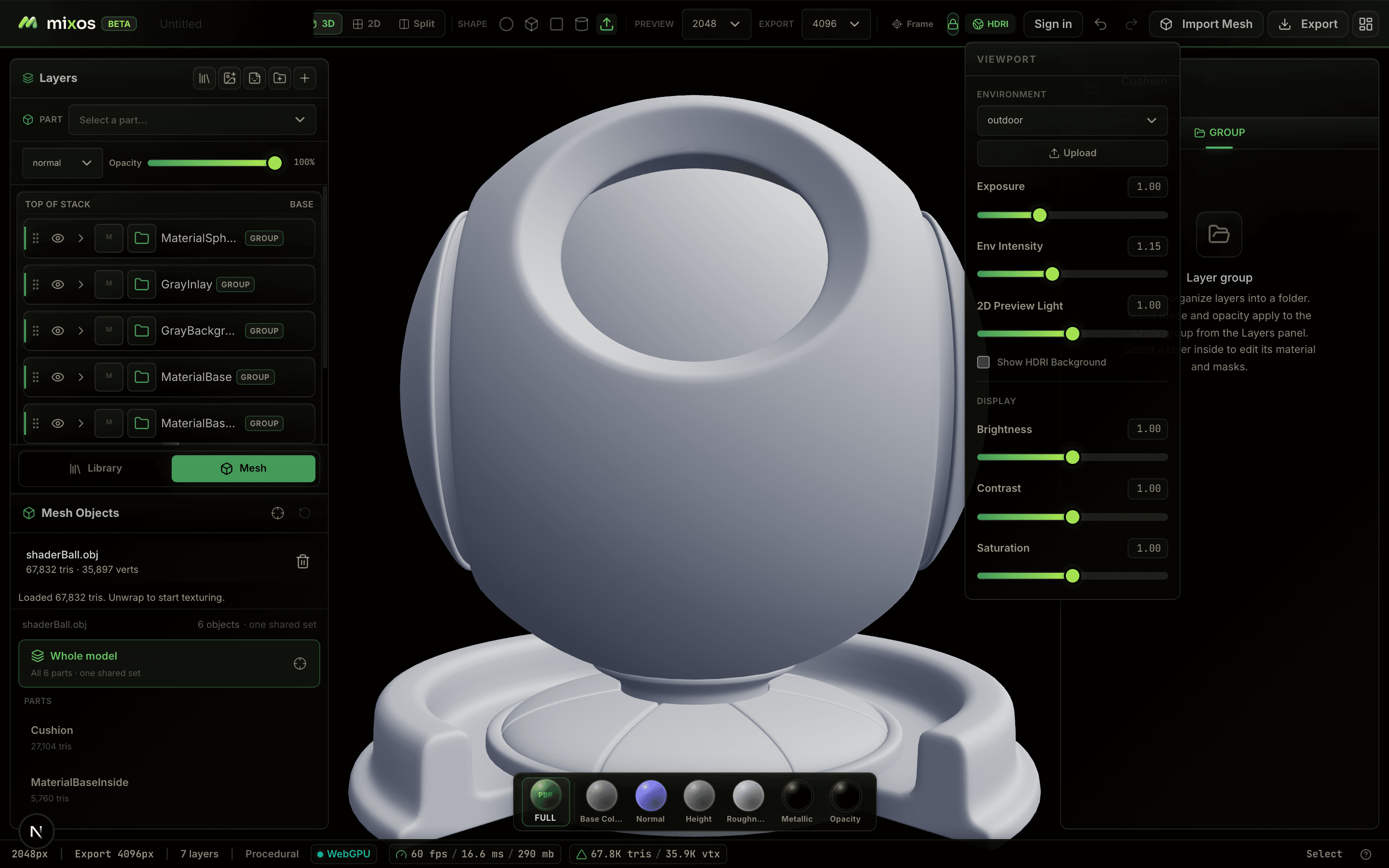 The Mixos environment and display settings: HDRI preset picker, exposure, environment intensity, a show-HDRI-background toggle, and brightness, contrast and saturation sliders