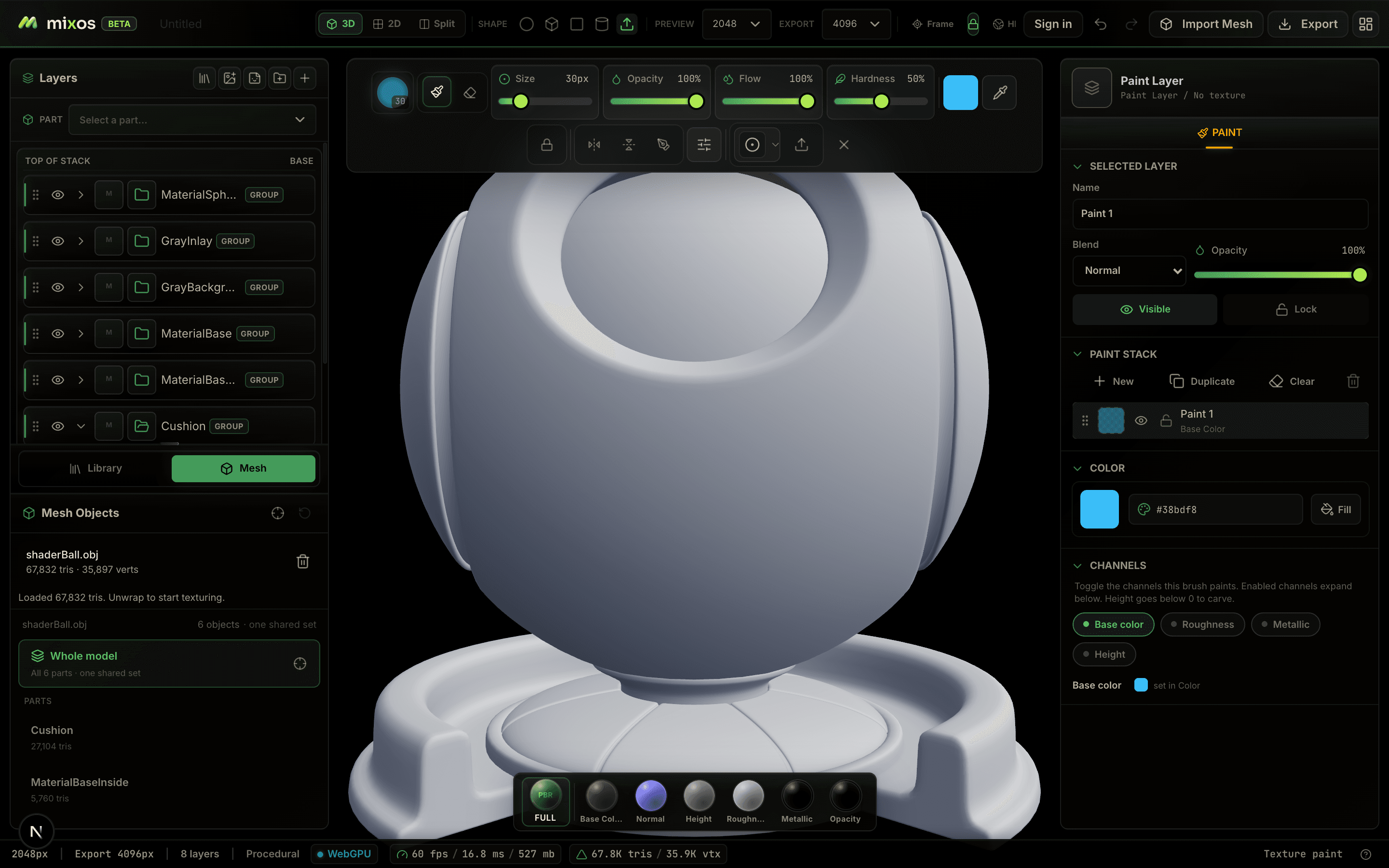 Painting in Mixos: the brush toolbar across the top, the model in the viewport, and the paint layer's color and channel controls on the right
