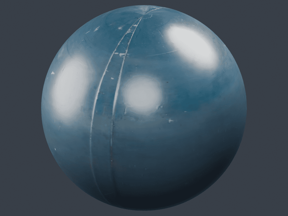Render real de Blender de la esfera de metal azul exportada bajo tres luces de área