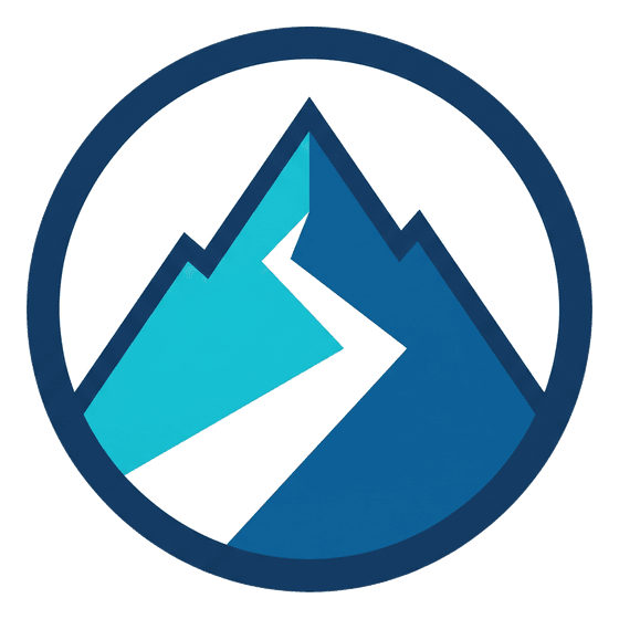 Um emblema de montanha estilizado como um logo 3D real, girando lentamente — o disco, a montanha e a neve sobre ela são peças em relevo separadas, cada uma com sua própria borda iluminada. Arraste para girá-lo você mesmo.