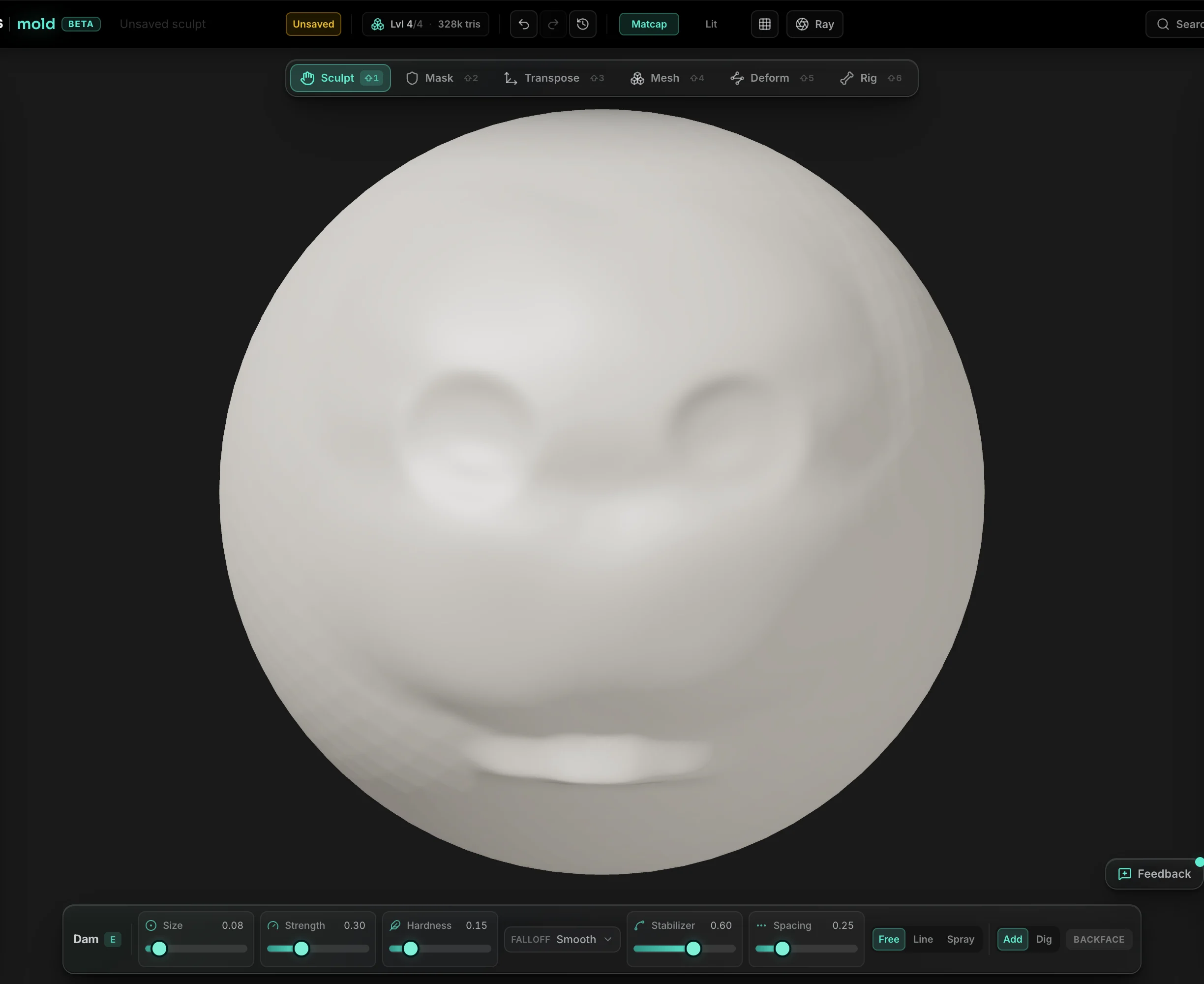 A sphere sculpted into a stylised head in Mold — brow ridge, symmetrical eye sockets carved with the mask-and-dig workflow, a muzzle mass and a soft mouth crease, at 328 thousand triangles