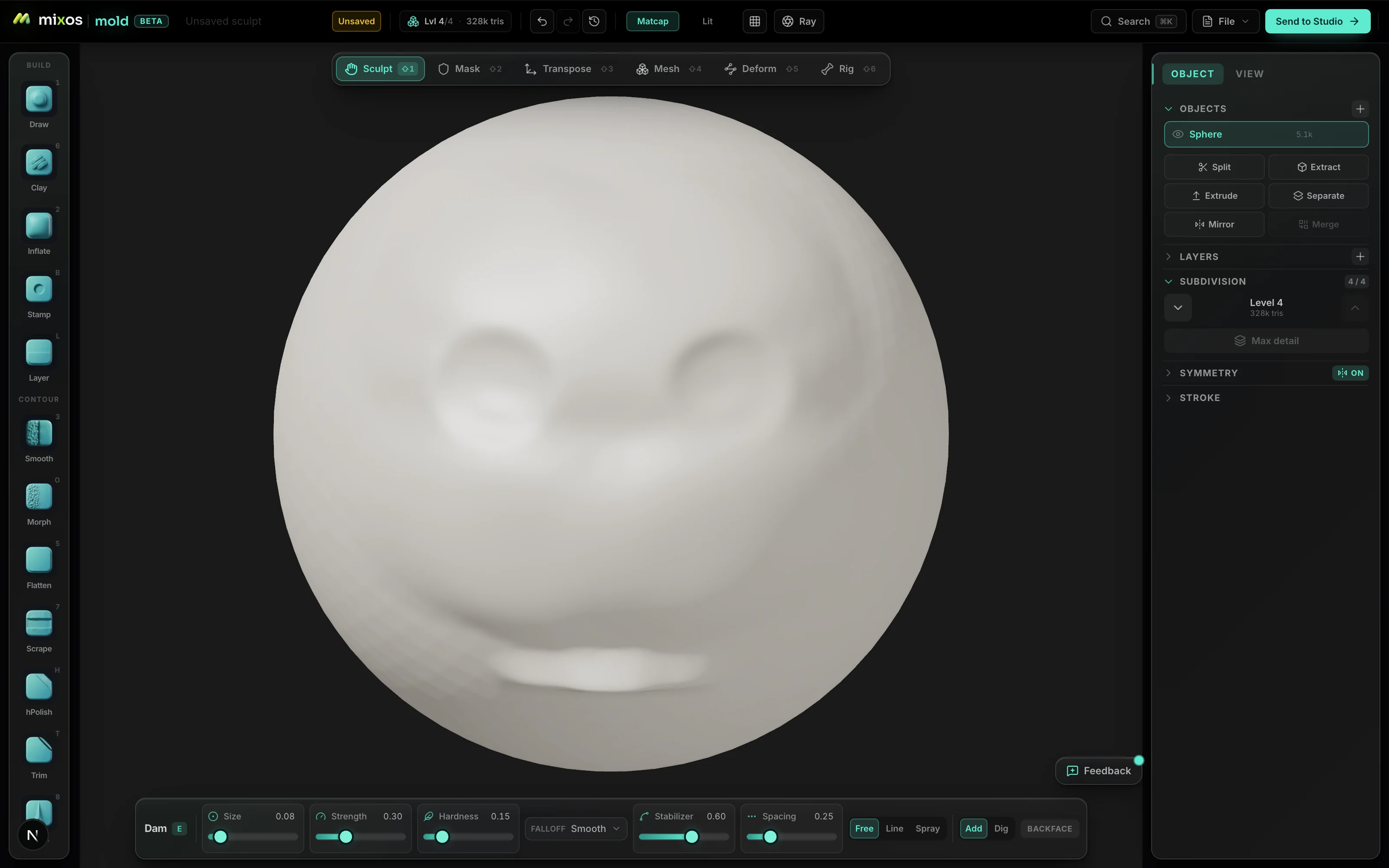 The Mold 3D sculpting interface — the brush rail on the left, the six-mode tabs across the top, a sculpted head form in the viewport, the object and subdivision panels on the right, and the brush settings bar along the bottom