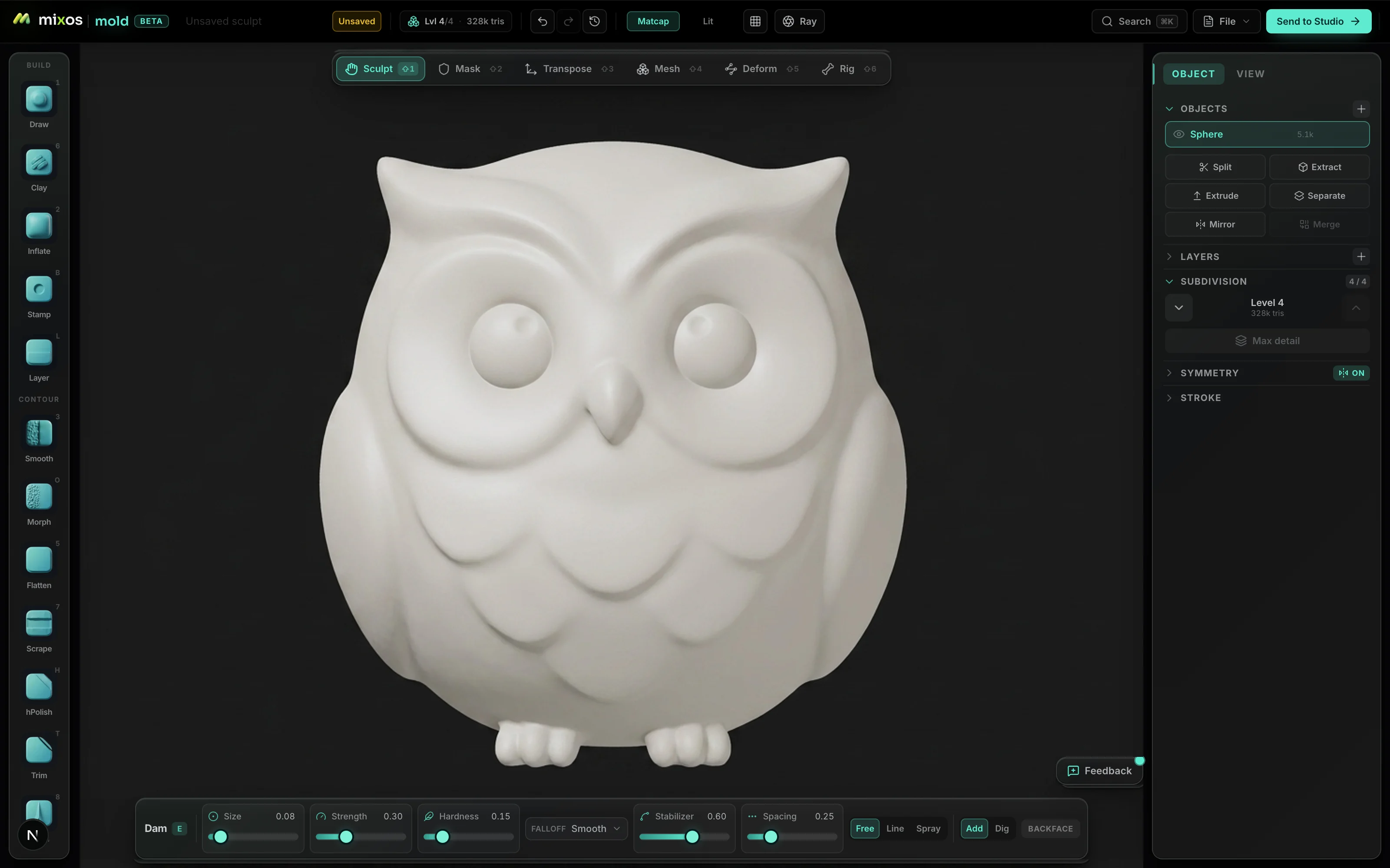Mold's sculpting interface with a simple stylised animal sculpt in the viewport — a named brush rail on the left and one bar of brush settings along the bottom