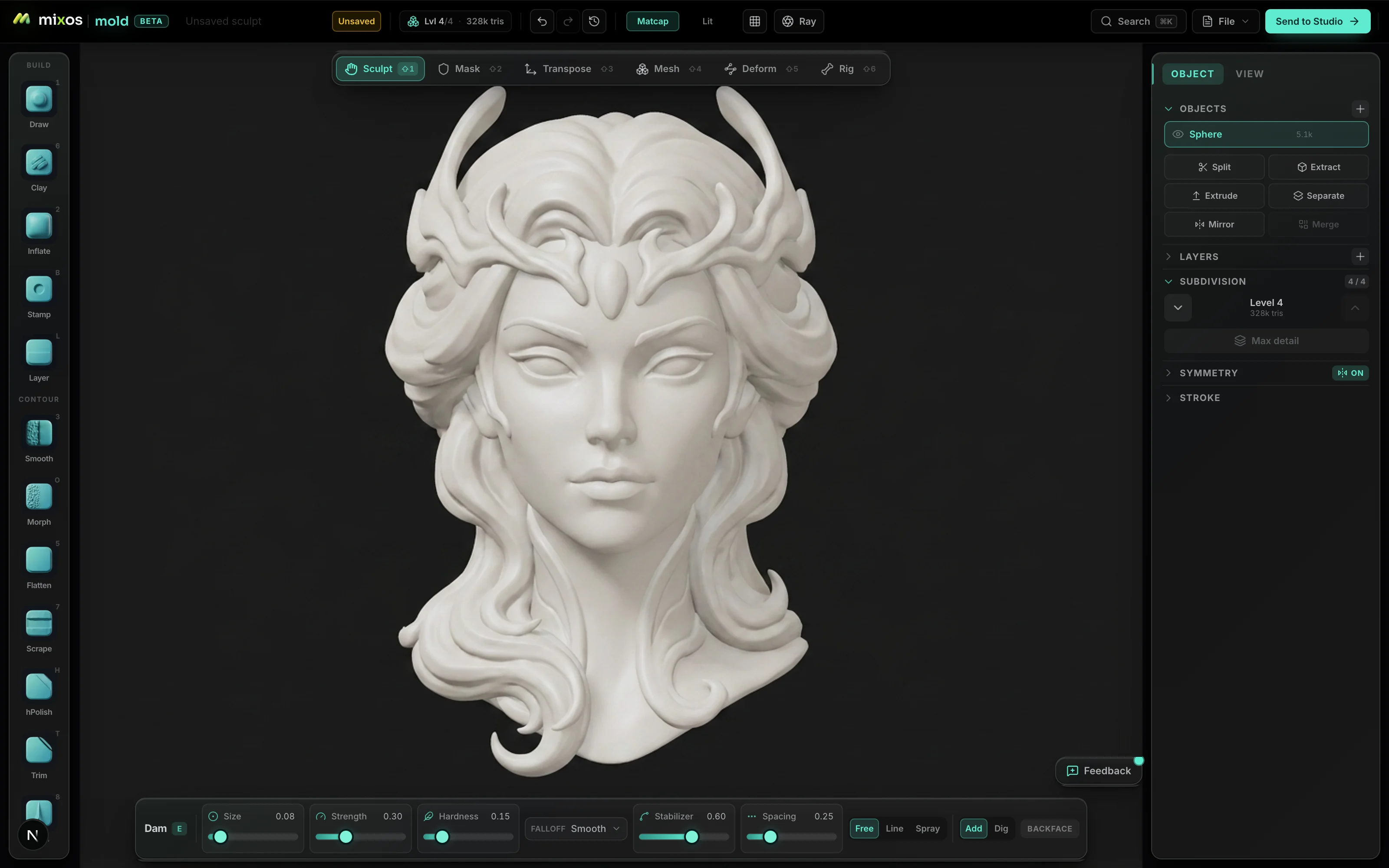 The Mold 3D sculpting software interface in a browser tab — the brush rail, the six-mode toolbar, a sculpted character bust in the viewport, and the subdivision and symmetry panels