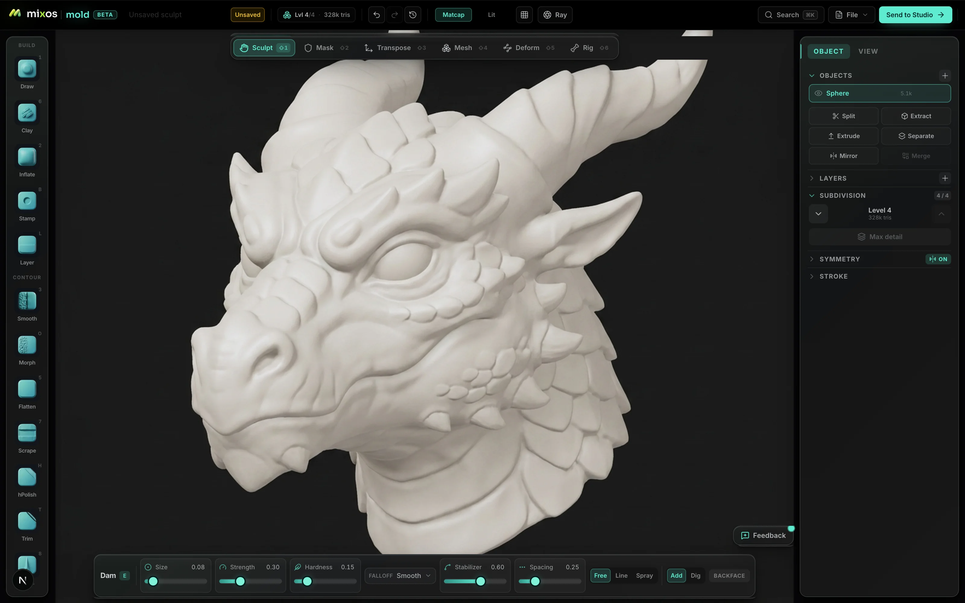 Character sculpting software in a browser — a horned dragon head sculpted in Mold with layered scales, brow ridges and horn ridging, shown with the brush rail and subdivision panel