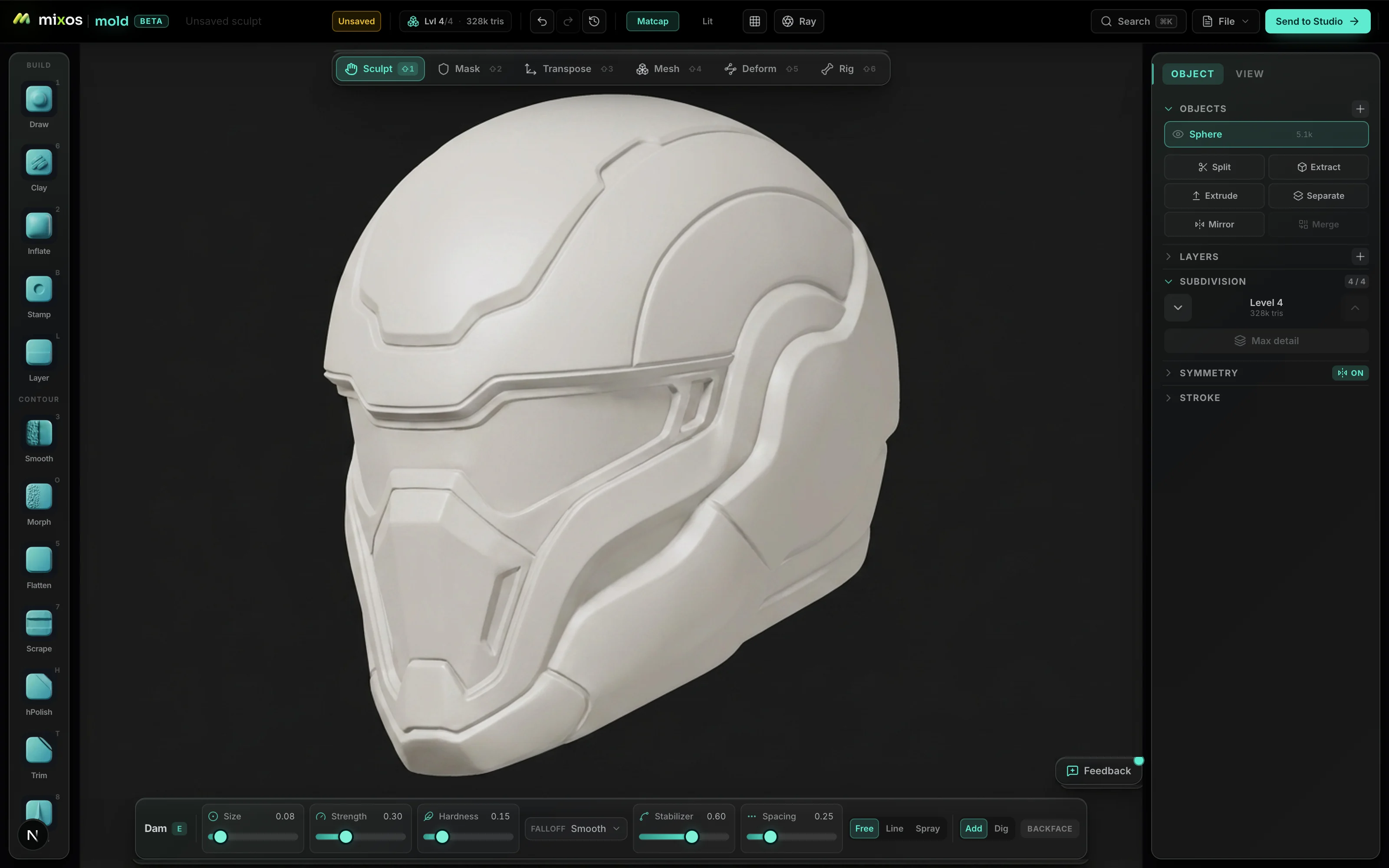 The Mold sculpting interface in a browser tab — the brush rail, the six-mode toolbar, a sculpted character bust in the viewport, and the subdivision and symmetry panels
