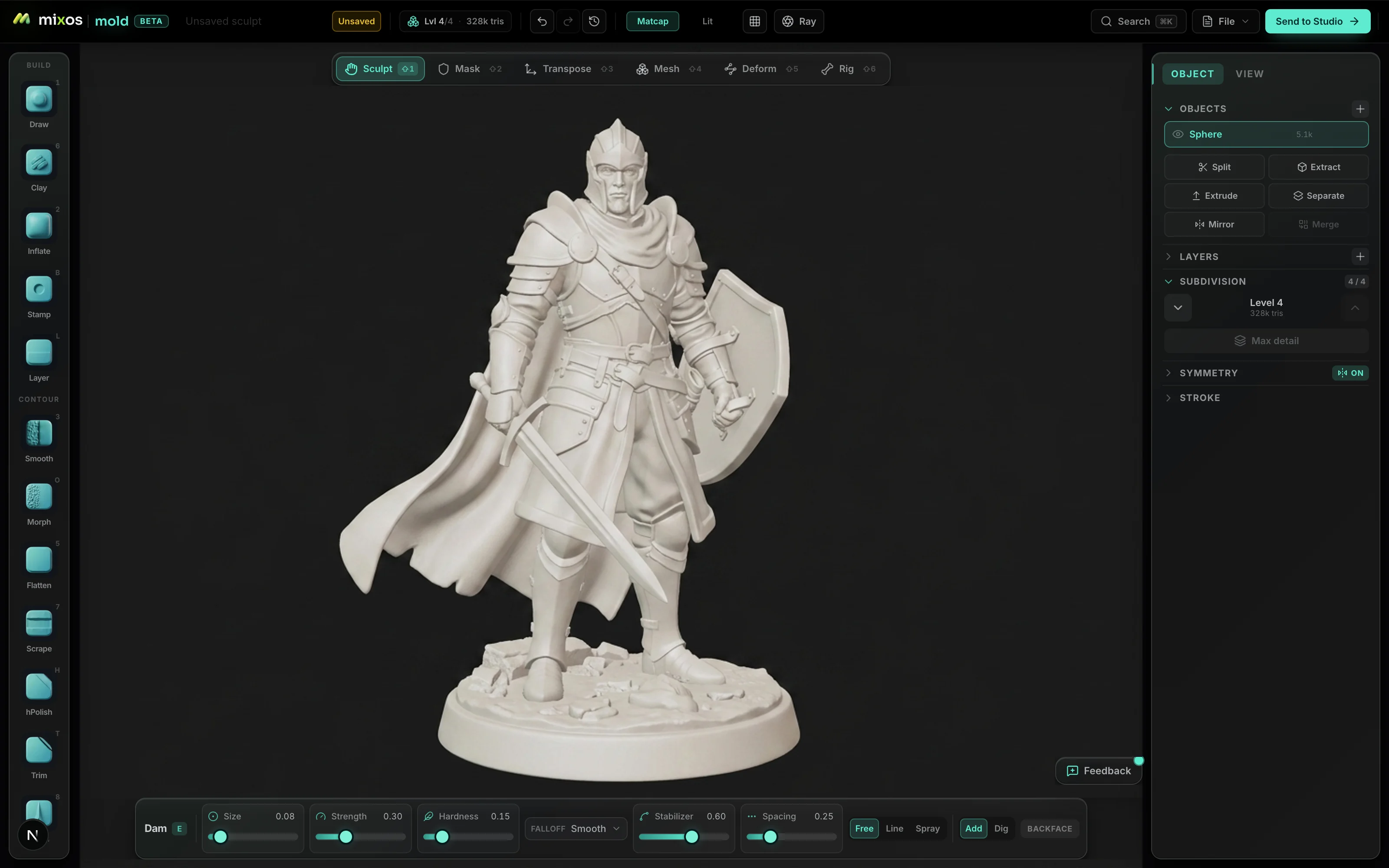 A tabletop-miniature figure sculpted in Mold — an armoured warrior on a round base, the kind of model you remesh watertight and export as STL to resin-print