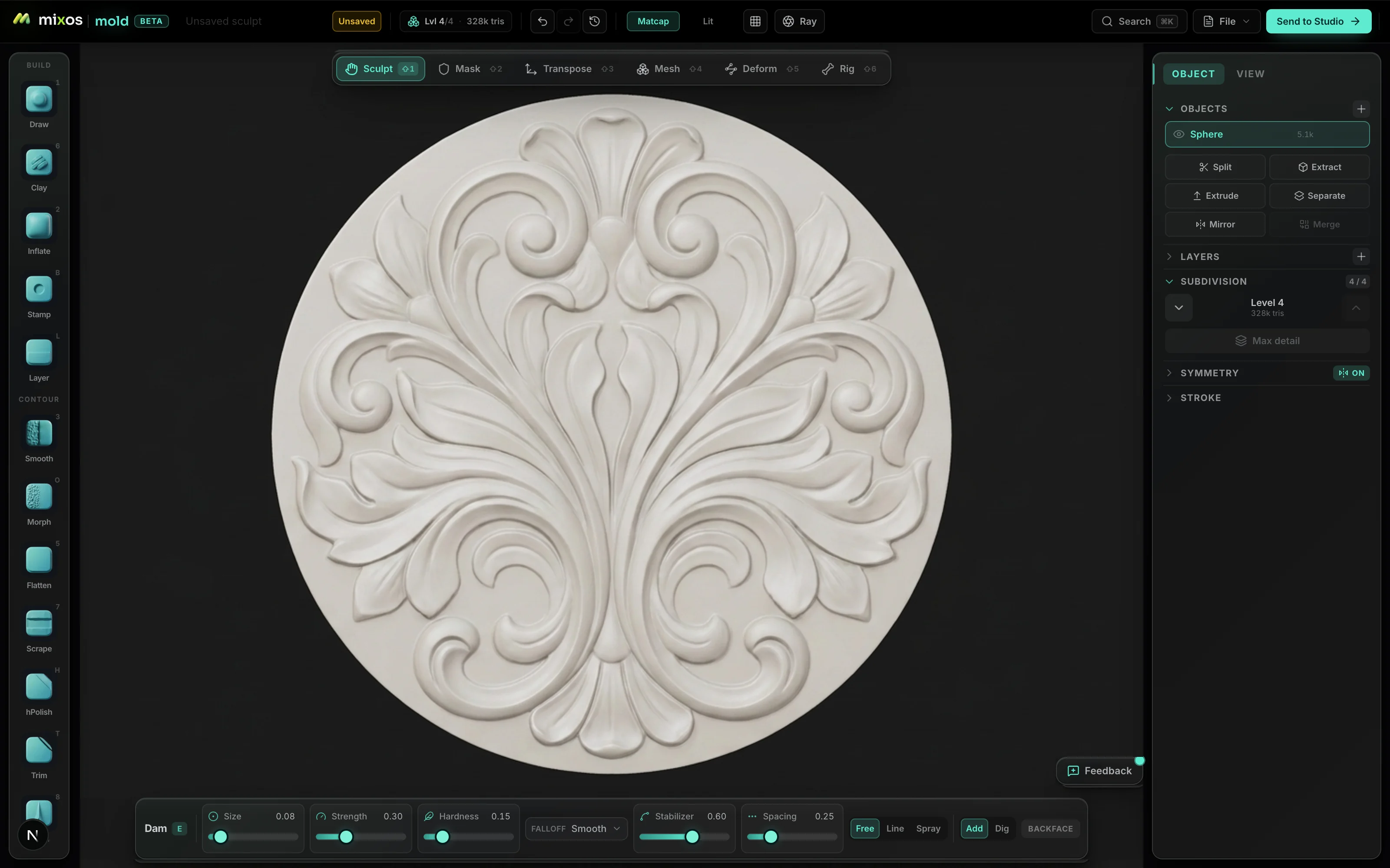 Mold's sculpting interface with an ornate decorative relief in the viewport — the full toolkit running on ChromeOS with nothing installed