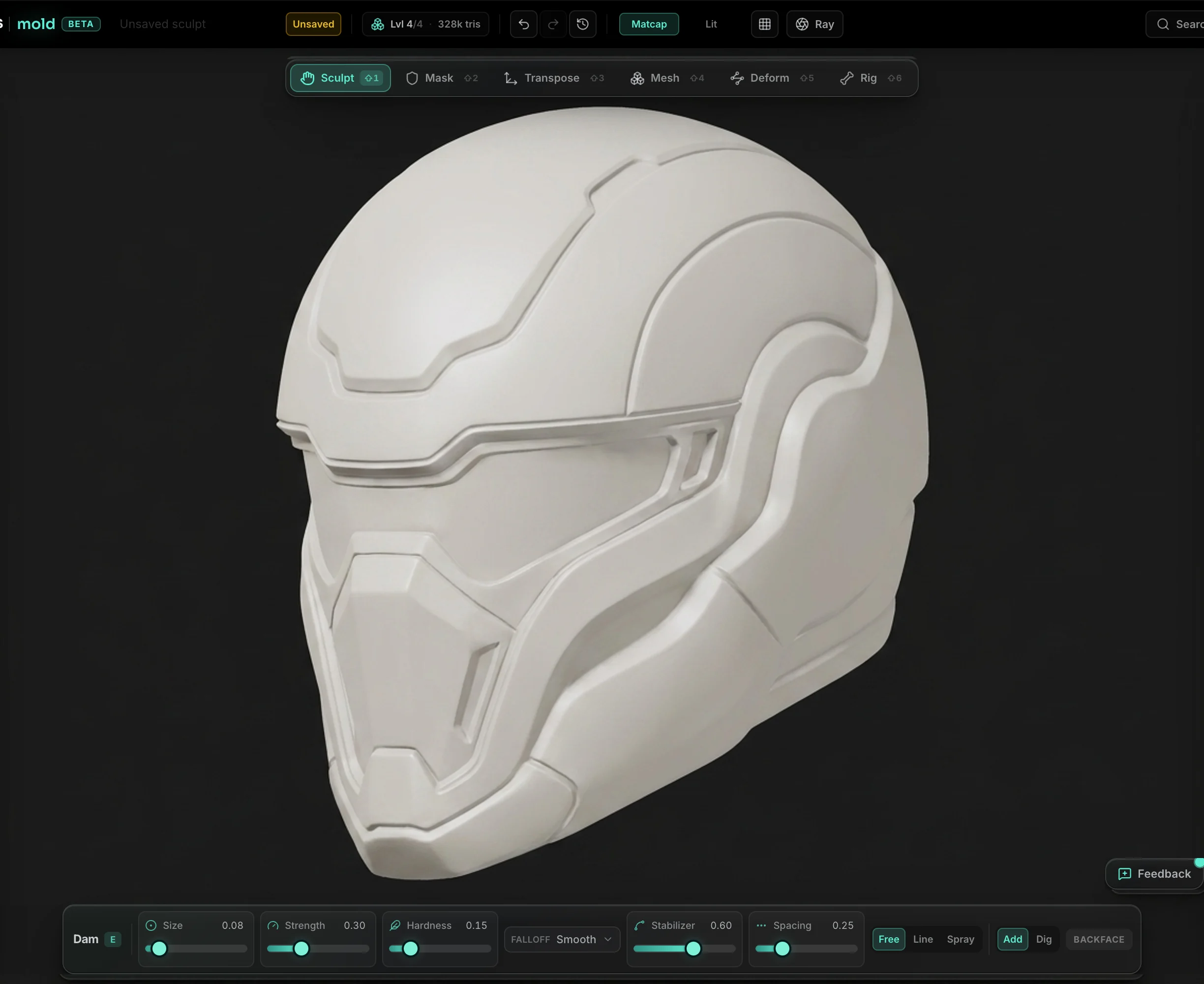 A sleek sci-fi helmet sculpted in Mold with clean panel lines, a defined visor and crisp bevelled edges