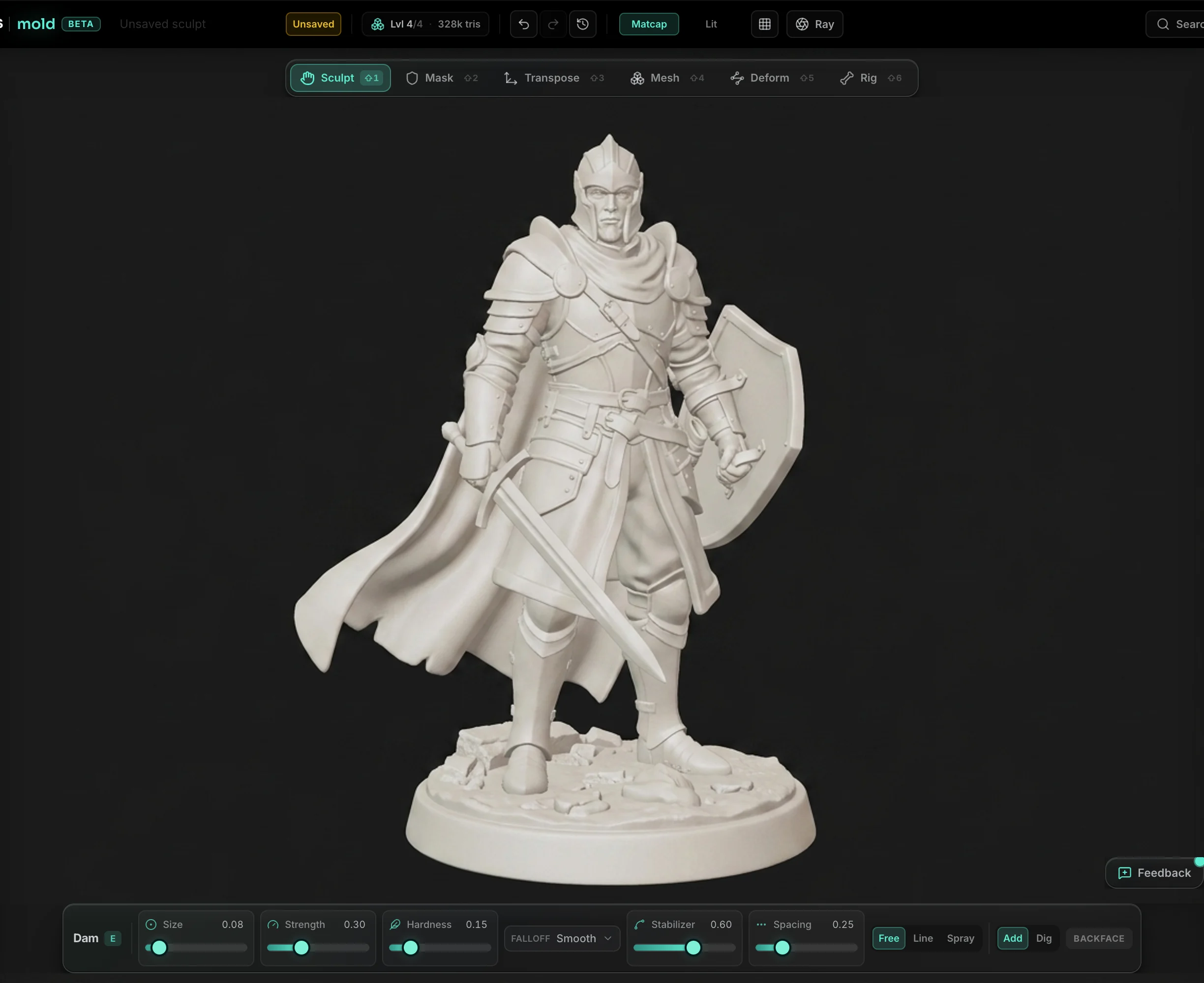 An armoured fantasy warrior miniature sculpted in Mold, standing on a round base with a cloak and detailed plate armour