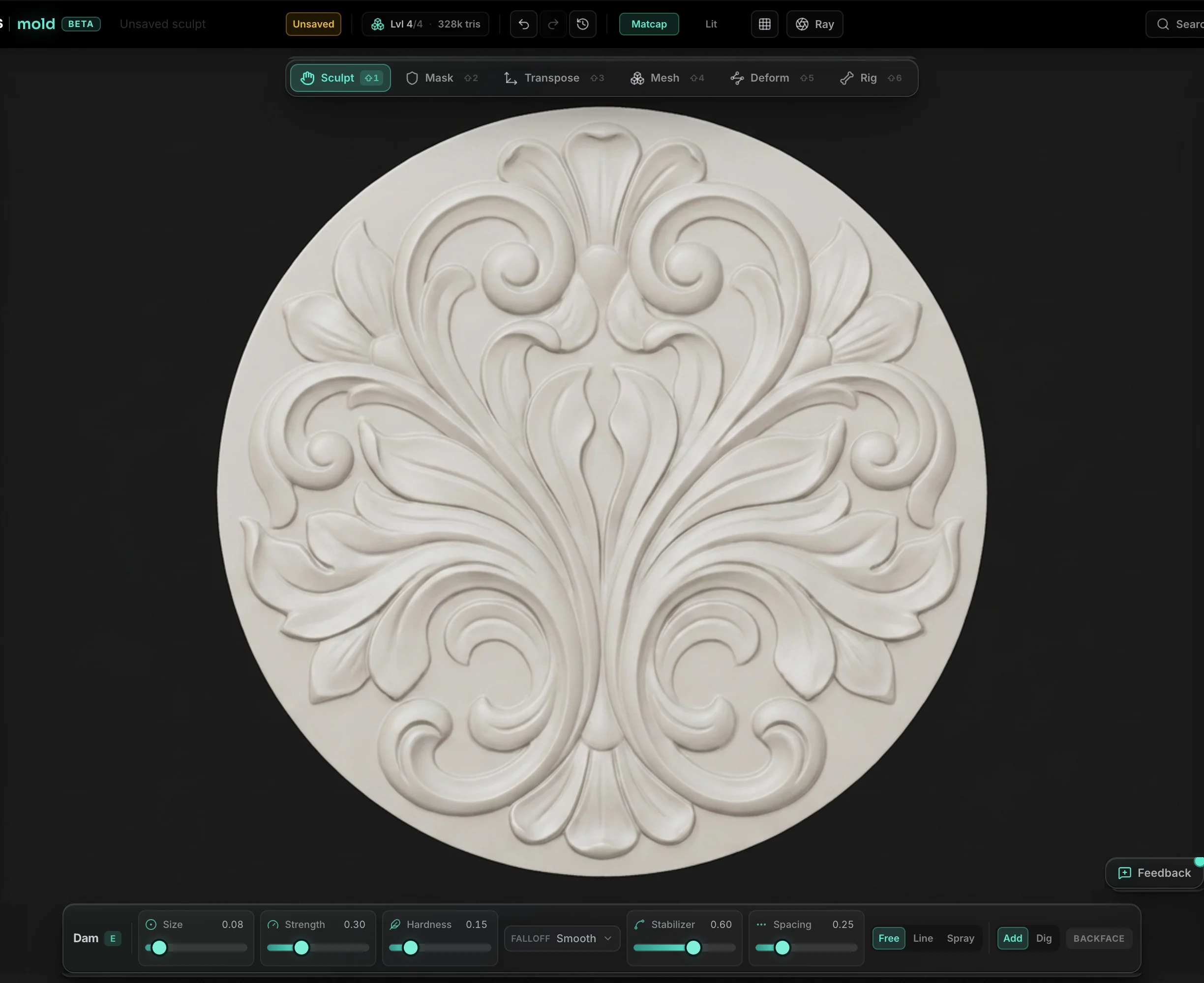 Eine aufwendige, symmetrische florale Rosette, in Mold als Tiefenrelief gesculptet.