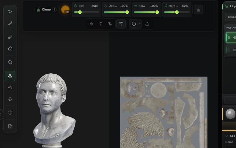 The stamp tool selected in Mixos, ready to place a decal on the model