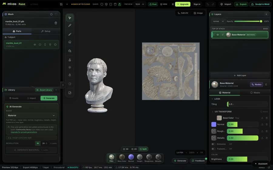 The generate panel in Mixos, which makes a tiling PBR material from a written description