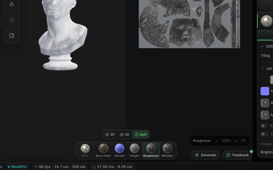 The channel switcher under the Mixos viewport — base colour, normal, height, roughness and metallic, each previewable on the model on its own