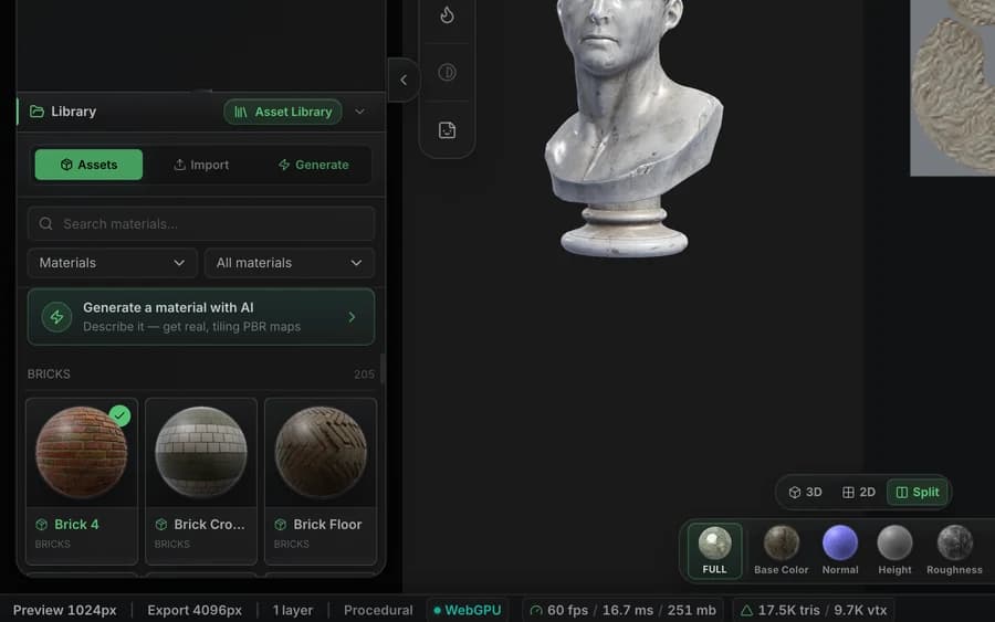 The built-in PBR material catalogue in Mixos, browsable by category with live sphere previews