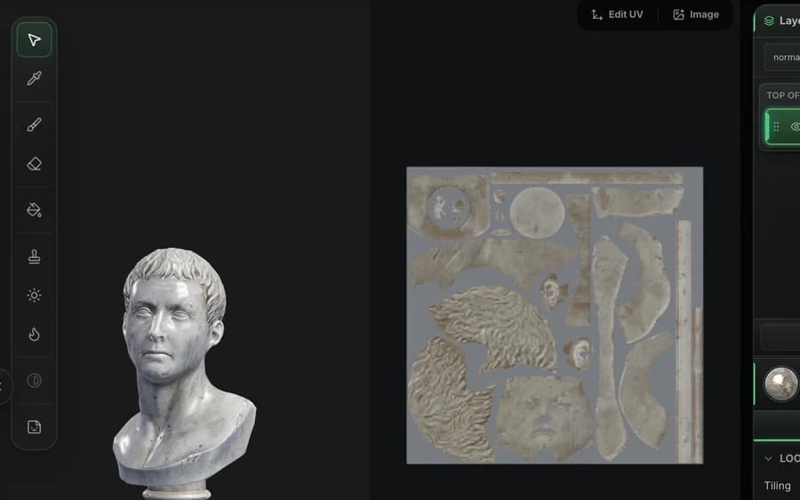 Painting in Mixos: the brush rail beside a marble bust in the 3D view, with its UV sheet open alongside