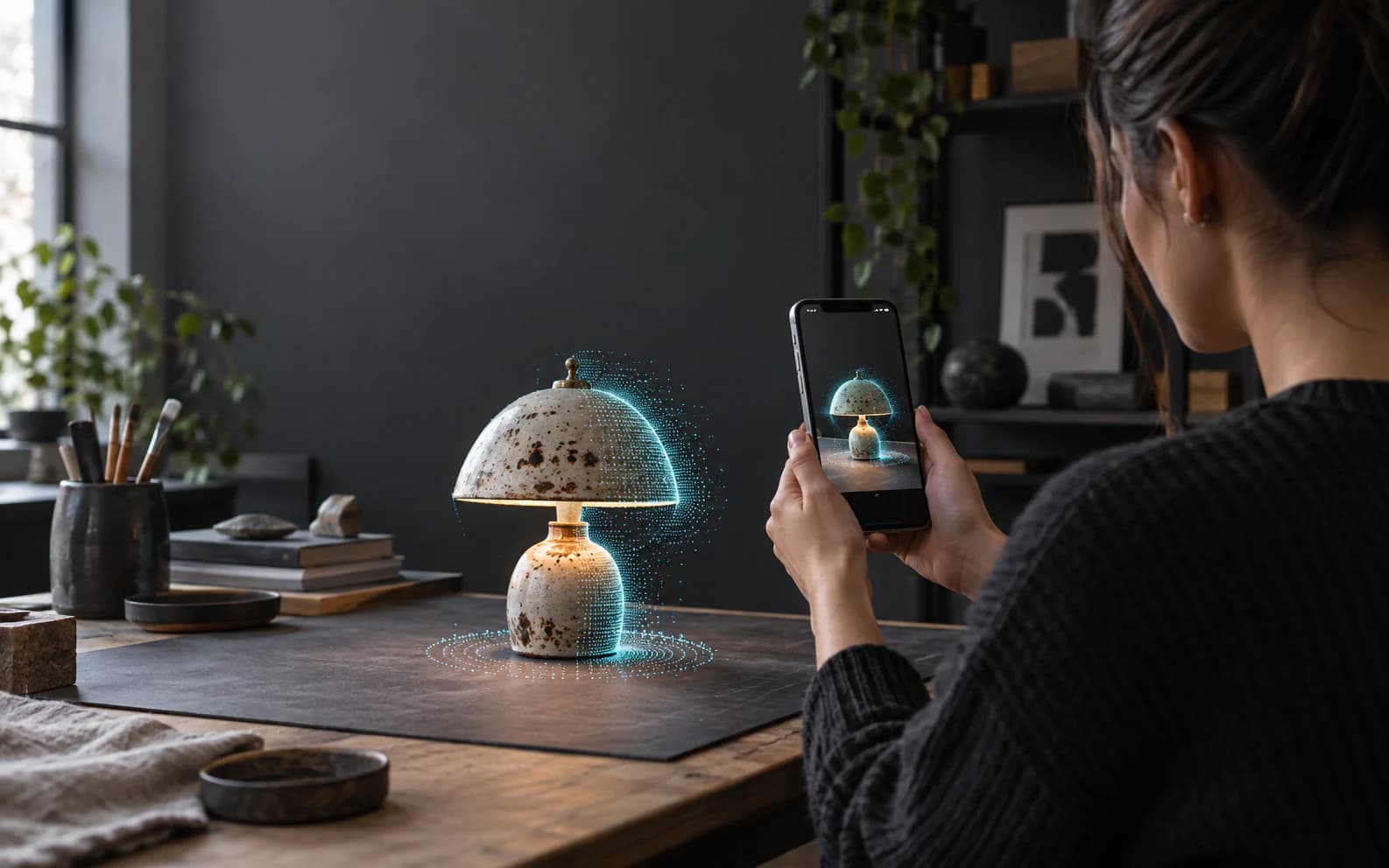A designer scanning a ceramic lamp with an iPhone