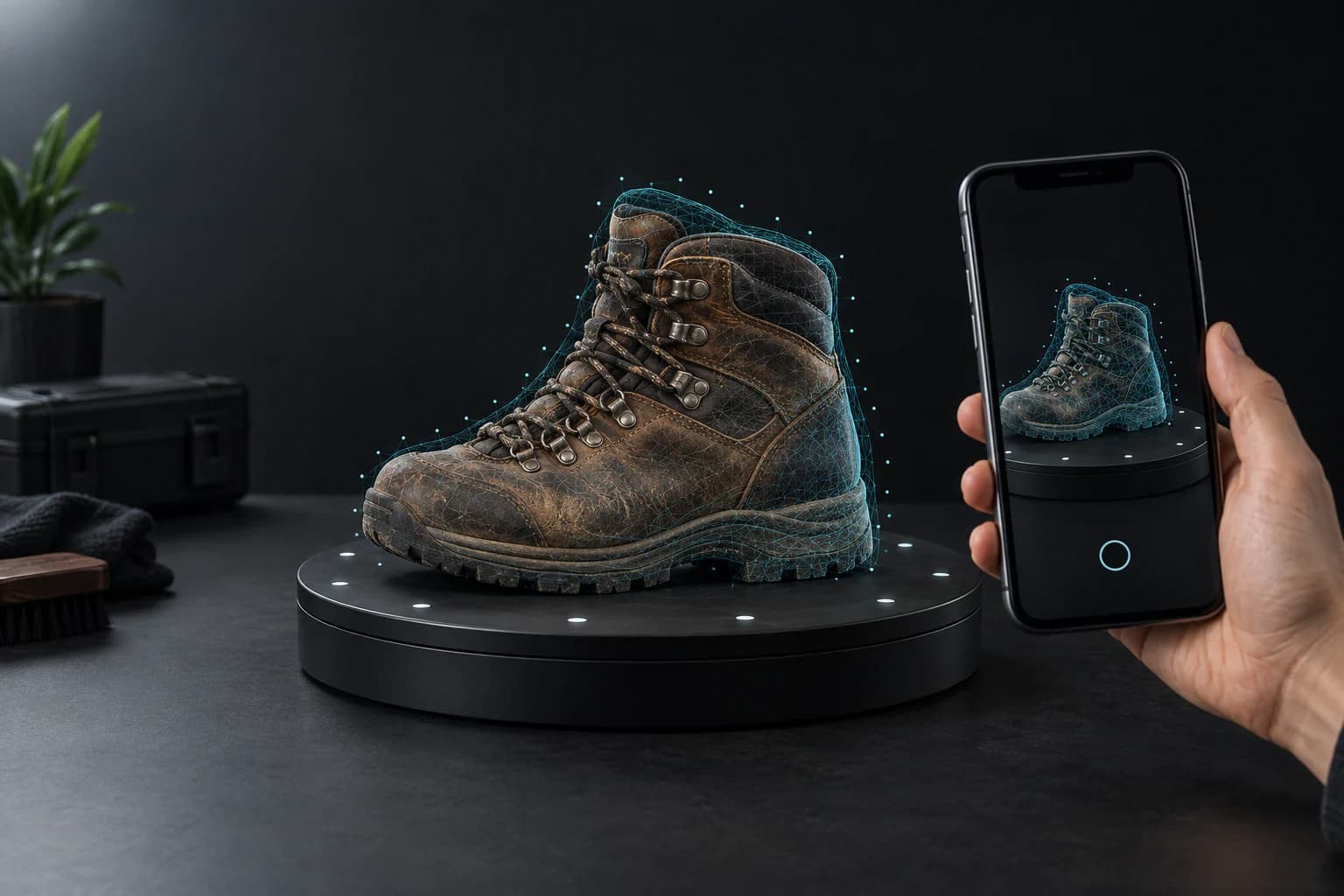 A hiking boot being scanned as a 3D object