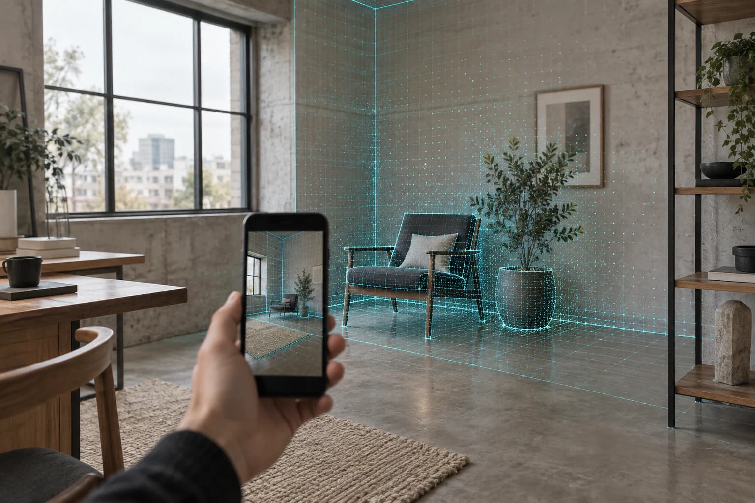 A studio interior being measured with LiDAR