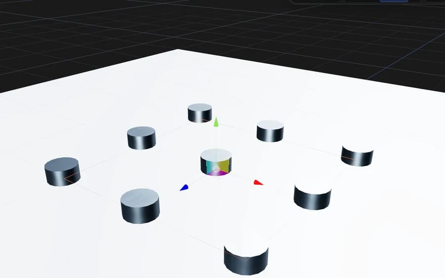 Ein Grid Cloner in Studio, der neun Kopien eines Objekts anordnet, wobei die Anzahl und der Abstand immer noch parametrisch sind, anstatt als separate Objekte erstellt zu werden