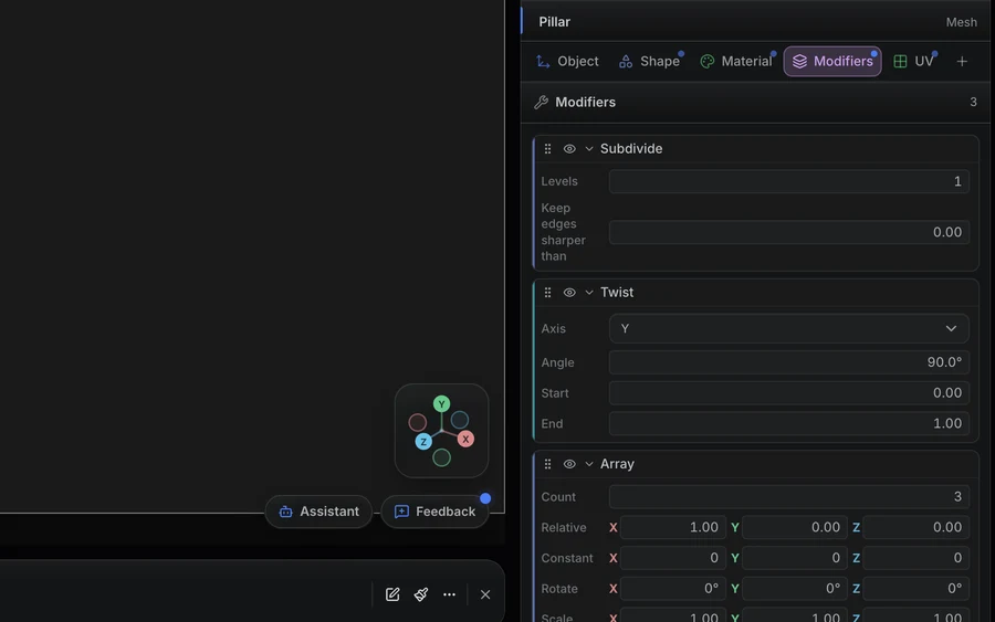 Ein Modifier Stack in Studios Inspector – Subdivide, Twist und Array auf einem Objekt, jedes mit eigenen Parametern, einem Ziehgriff zum Neuanordnen und einem Auge zum Deaktivieren