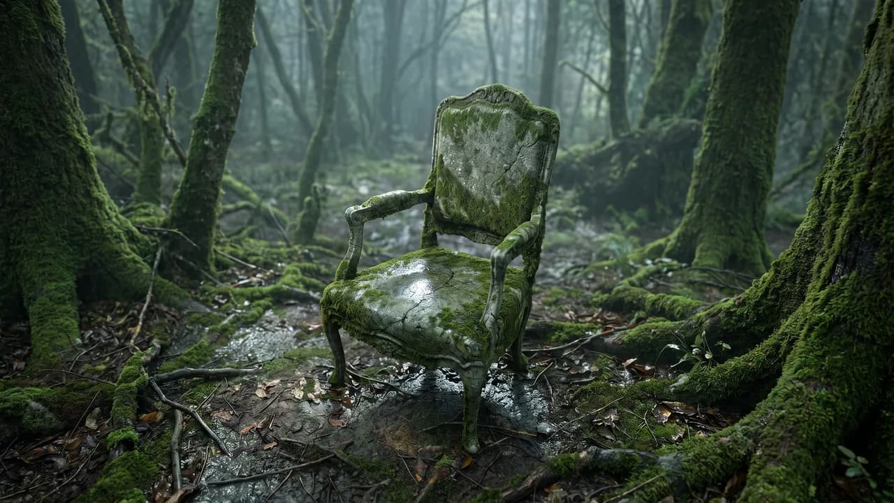 Dieselbe Aufnahme, neu interpretiert als nasser, moosbewachsener Steinsitz in einem nebligen Wald aus moosigen Stämmen und umgestürzten Ästen, wobei der Kamerawinkel sowie die Position und Größe des Sitzes im Frame beibehalten werden, während seine Form und sein Material zu verwittertem Fels und Moos werden.