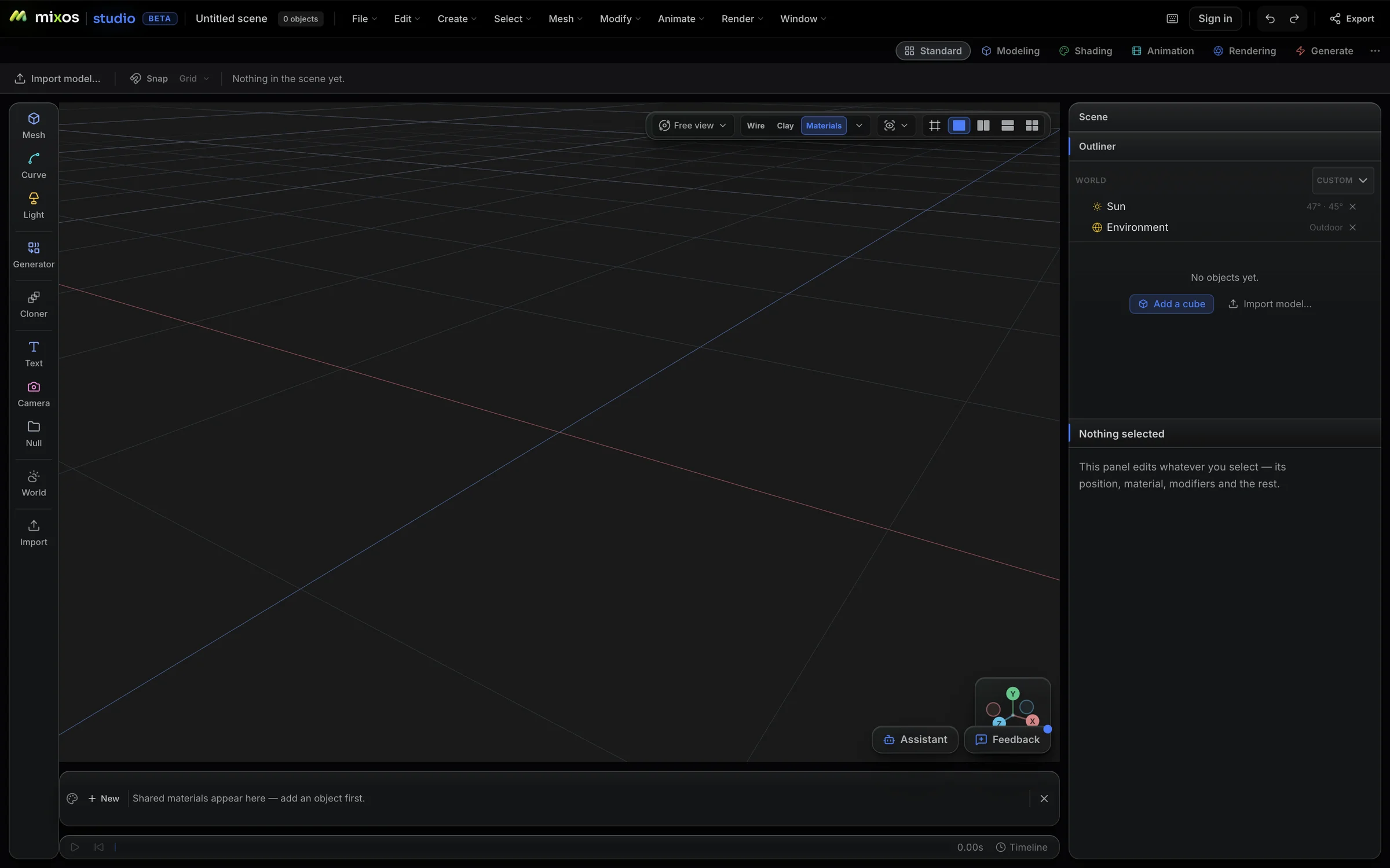 The Mixos Studio interface on an empty scene — the viewport grid, the create rail of mesh, curve, light, generator, cloner, text, camera and null tools down the left, the outliner with the world's sun and environment, the inspector, the shared material strip and the timeline