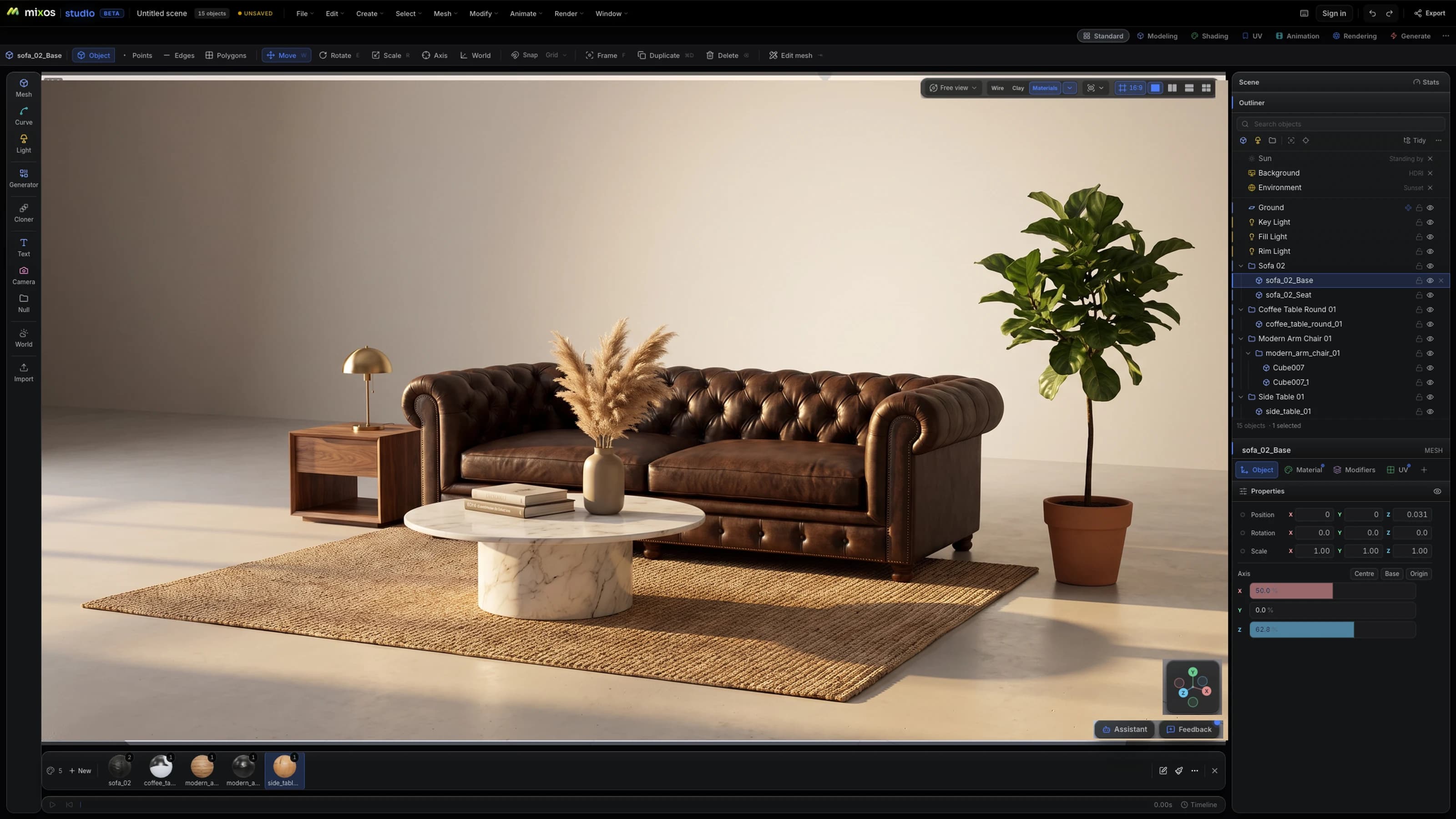 Online 3D-Modeling in einem Browser-Tab – eine eingerichtete Szene im Mixos Studio Viewport mit Outliner, Materialleiste und Transform-Panel
