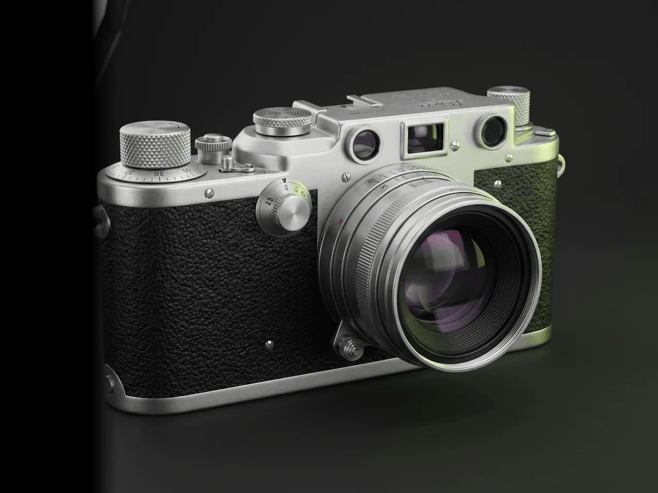 A vintage rangefinder camera textured in Mixos — black leather grain, brushed metal body, and a glass lens — rendered in the browser viewport